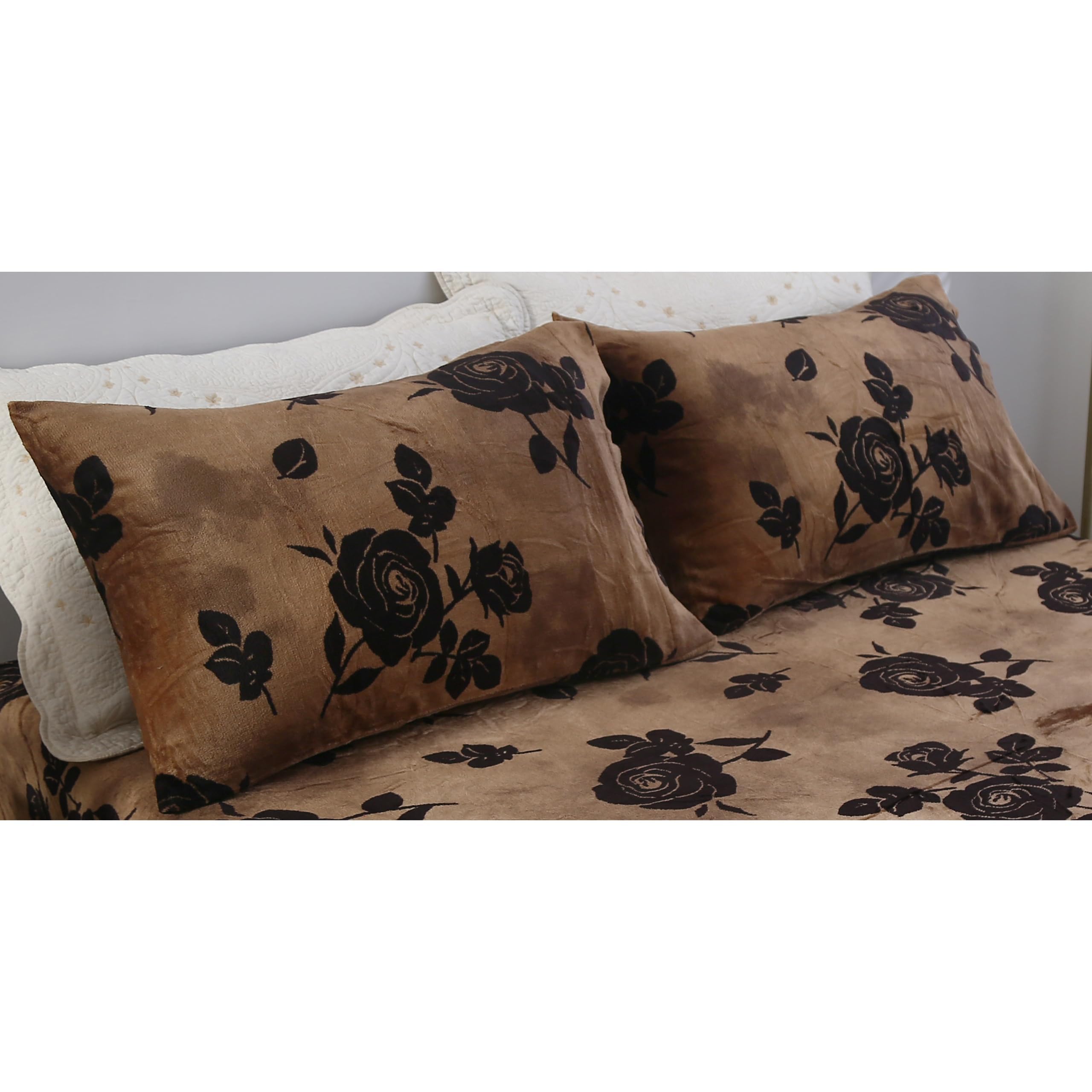 MAG 3Pcs Fleece Fitted Sheet Full Size with Brown Floral Pattern, Super Cute Fluffy Warm Flower Print Decor Bottom Sheets for Women Girls,included1*Fitted Sheet and 2*Pillowcases.