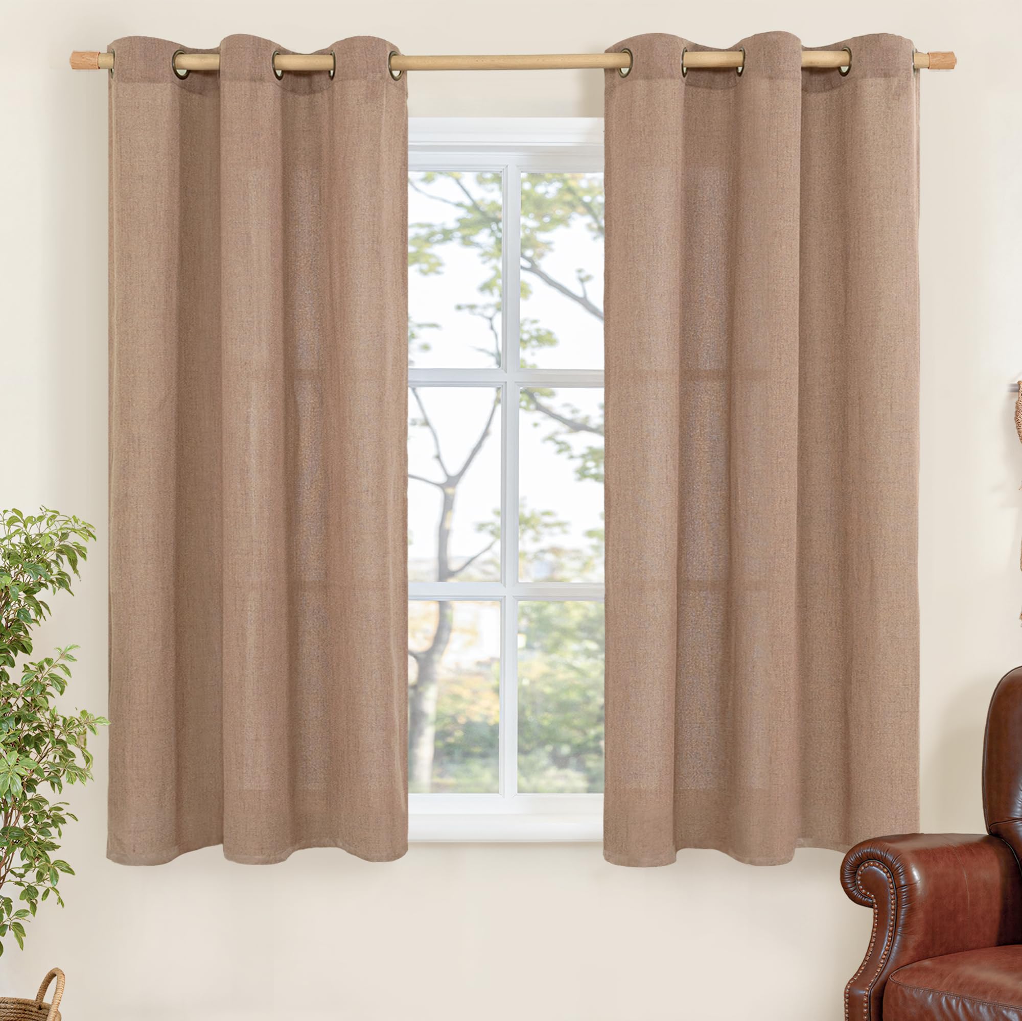YoungsTex Linen Semi Sheer Curtains 63 Inch Length 2 Panels for Living Room - Light Filtering Drapes with Bronze Grommet Beige Window Treatments for Country Office Bedroom, 52 X 63 Inch