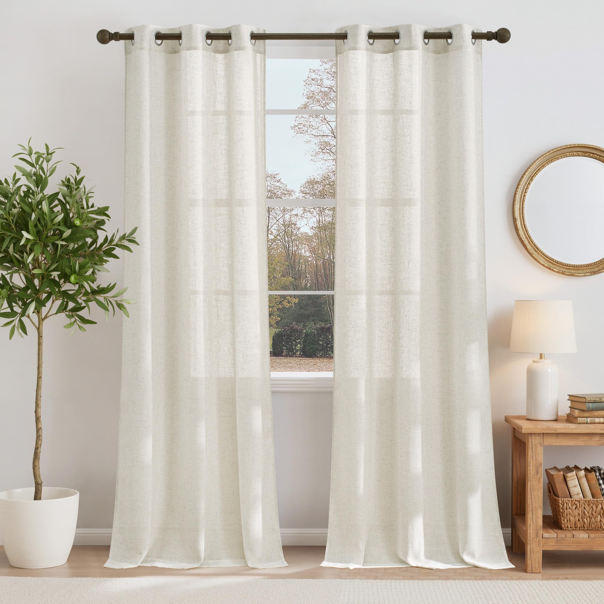 NICETOWN Semi Sheer Linen Curtains for Bedroom 84 inches Long, Grommet Privacy Vertical Farmhouse Window with Light Filtering for Living Room, Natural, W52 x L84, 2 Pieces