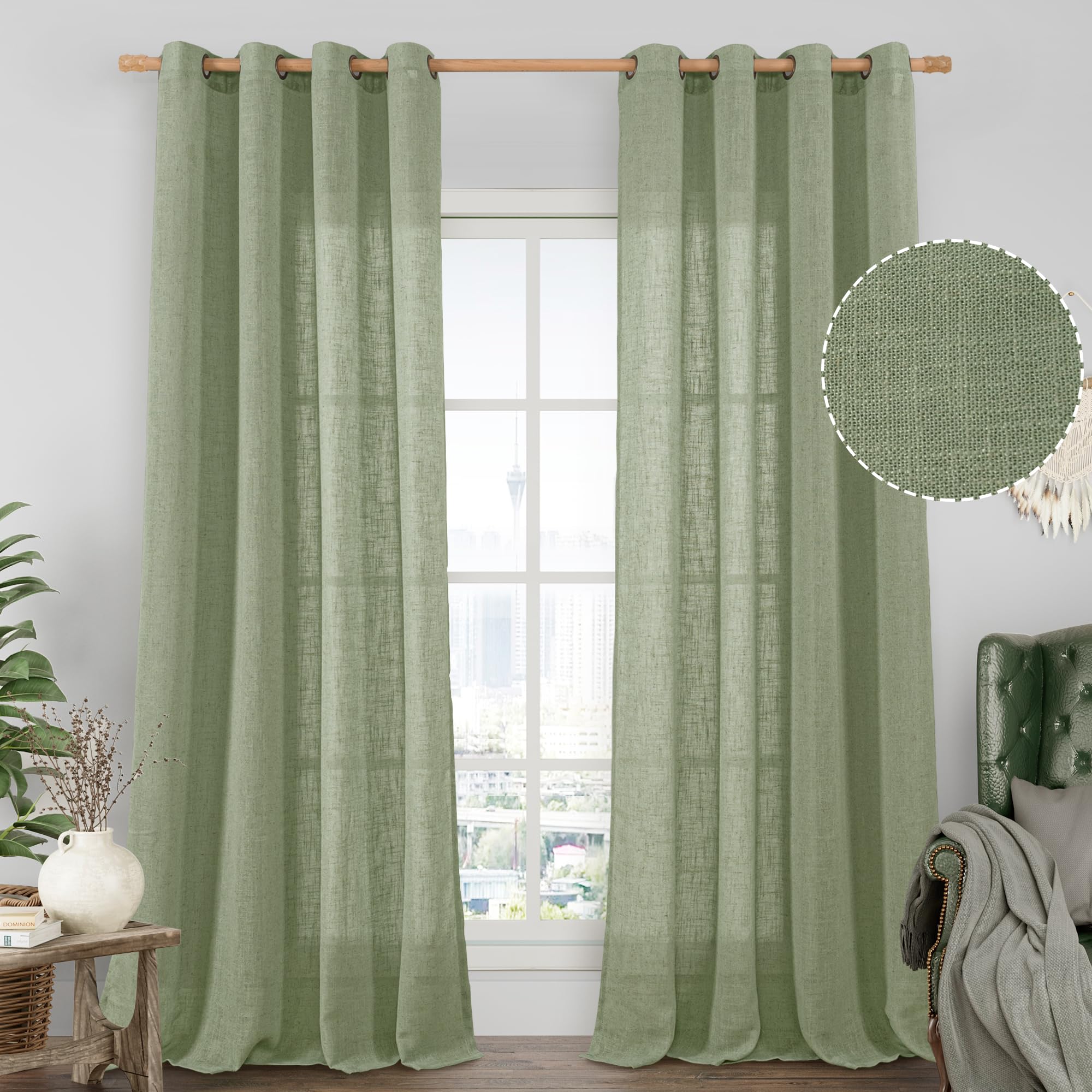 LAMIT Natural Ivory Linen Semi Sheer Curtains 84 inch Length, Cream Light Filtering Soft Thick Neutral Living Room Drapes with Bronze Grommet for Bedroom/Farmhouse, 2 Panels, 52 x 84 Inch