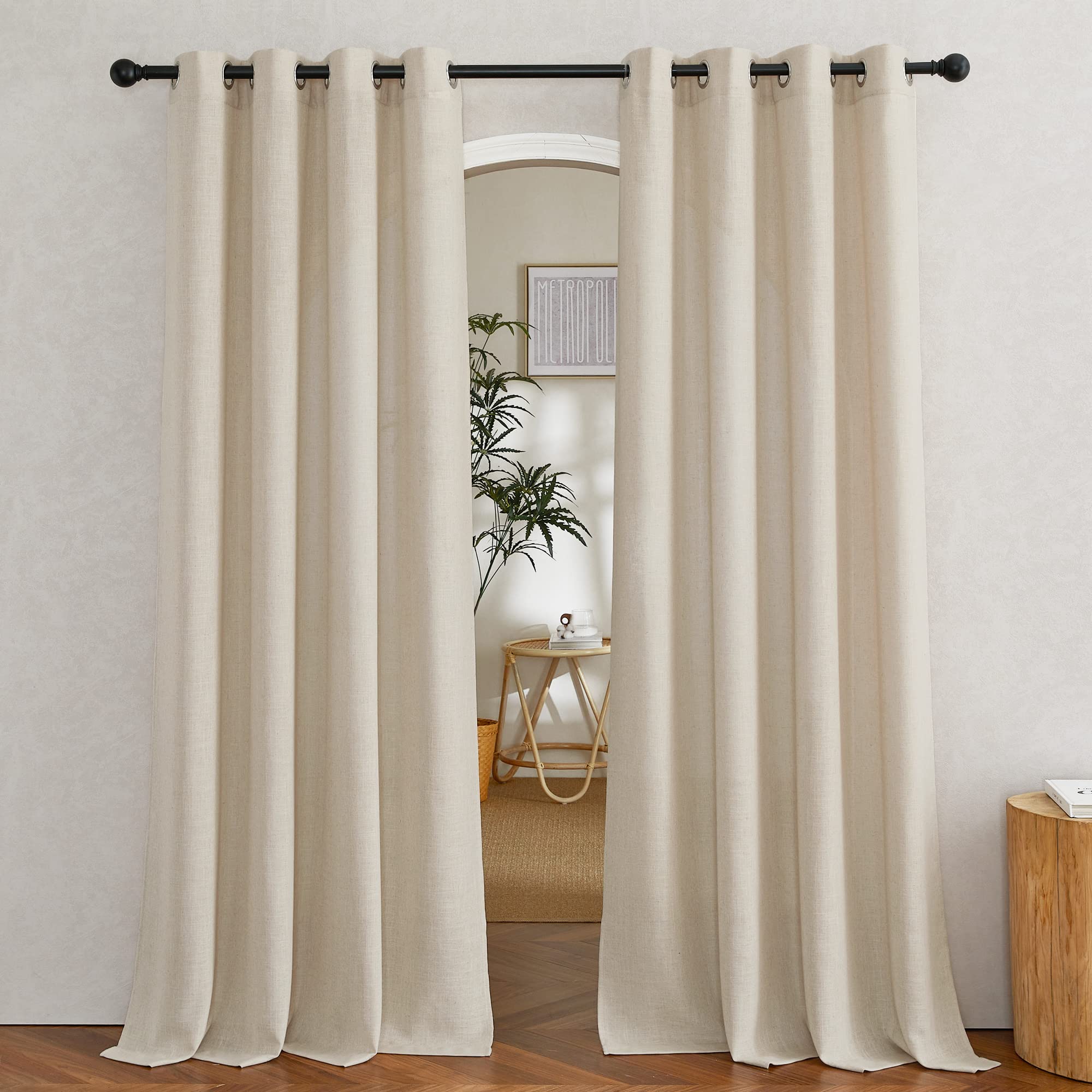 NICETOWN Semi Sheer Linen Curtains for Bedroom 84 inches Long, Grommet Privacy Vertical Farmhouse Window with Light Filtering for Living Room, Natural, W52 x L84, 2 Pieces