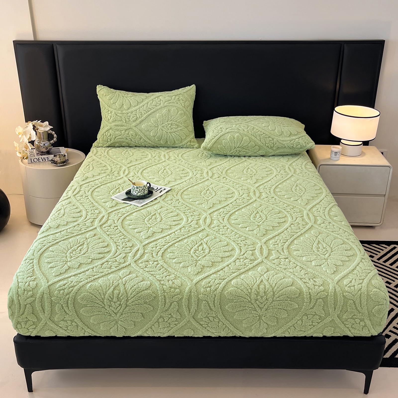 LweiPsqLin Fluffy Velvet Fitted Sheet Full Size - Micro Fleece Bed Sheet with 15" Deep Pockets, Bohemian Floral Jacquard Mattress Cover, Shrink & Fade Resistant, Khaki