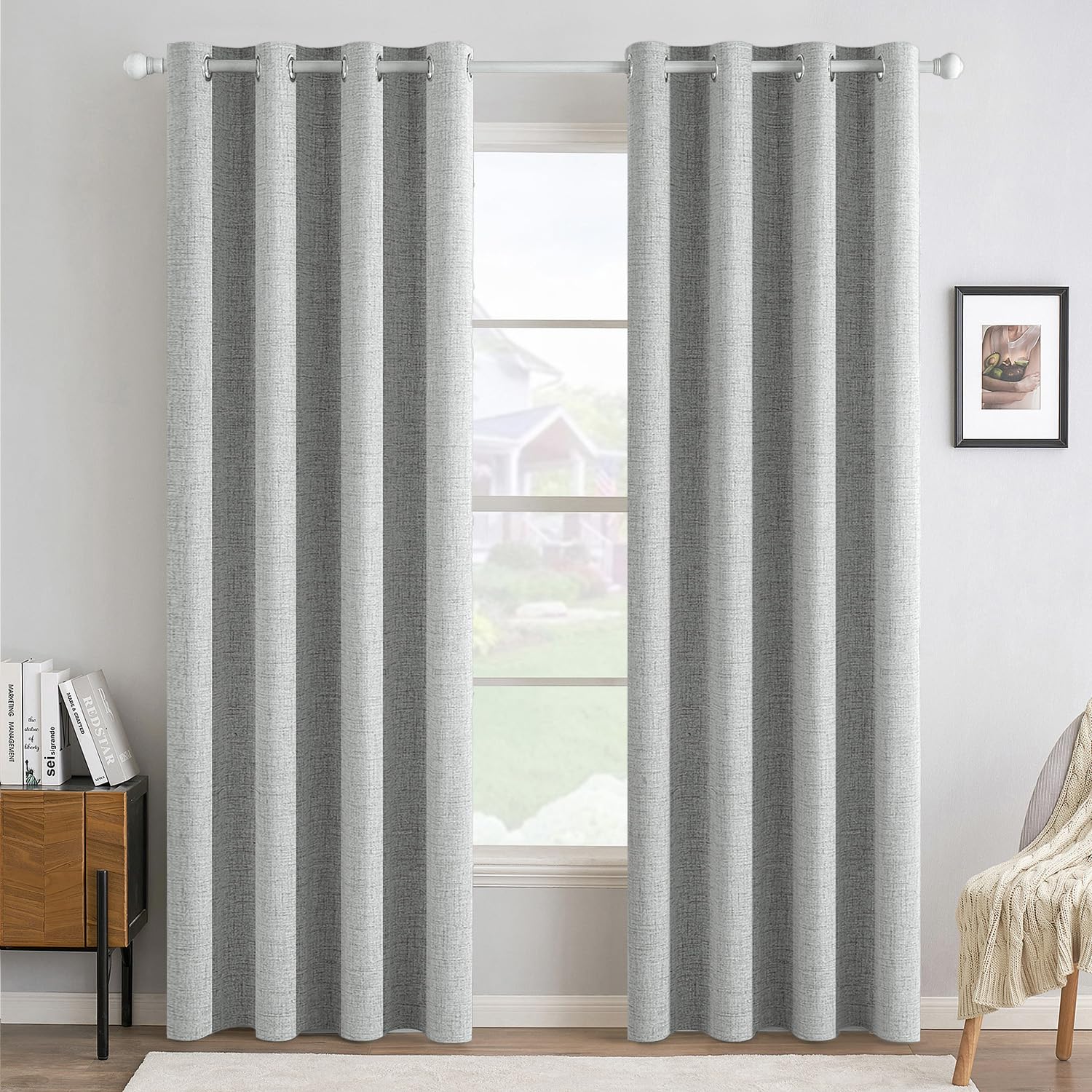MIULEE 100% Blackout Linen Textured Curtains for Bedroom Solid Thermal Insulated Cream Grommet Room Darkening Curtains & Drapes Luxury Decor for Living Room Nursery 52 x 84 Inch (2 Panels)