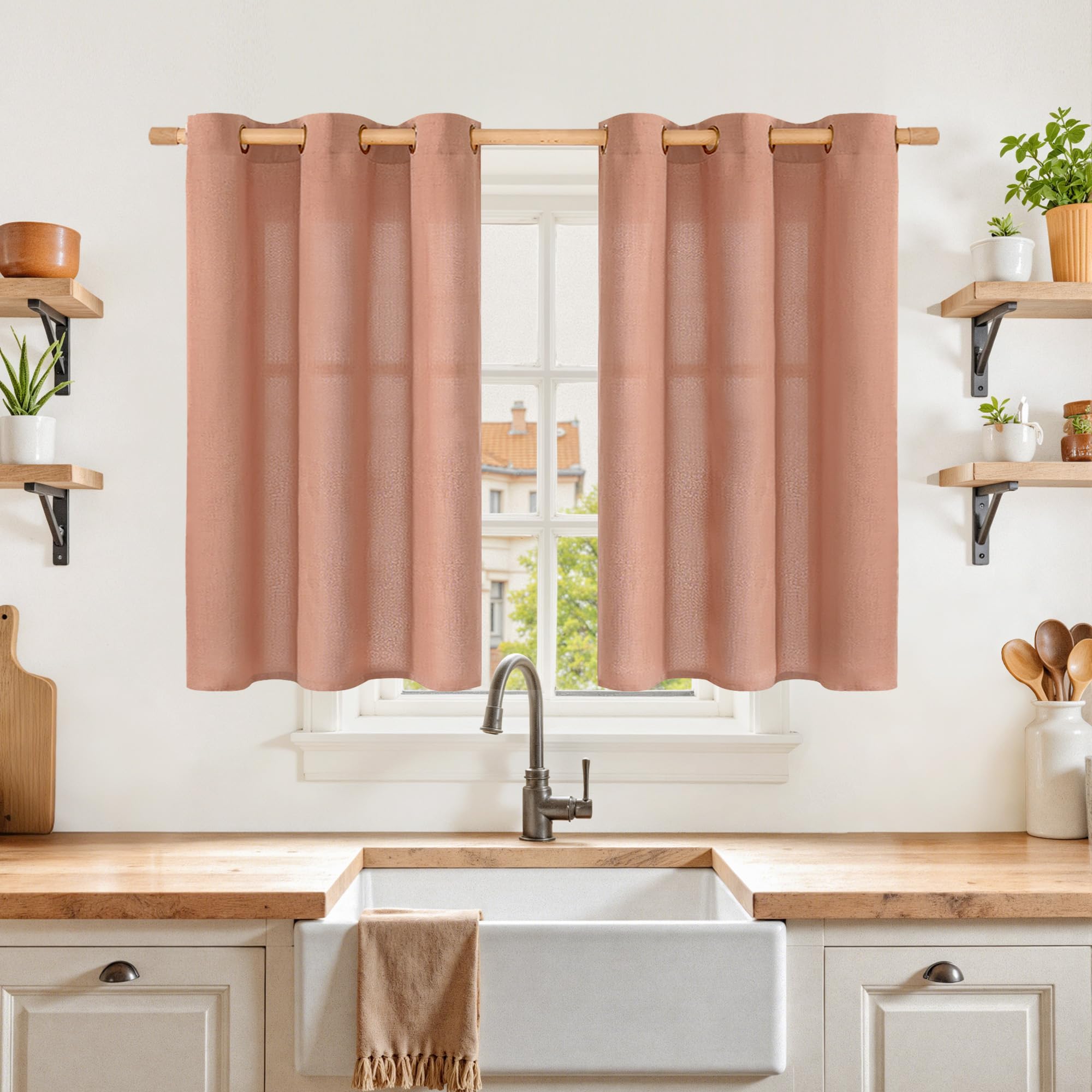 YoungsTex Linen Semi Sheer Curtains 63 Inch Length 2 Panels for Living Room - Light Filtering Drapes with Bronze Grommet Beige Window Treatments for Country Office Bedroom, 52 X 63 Inch