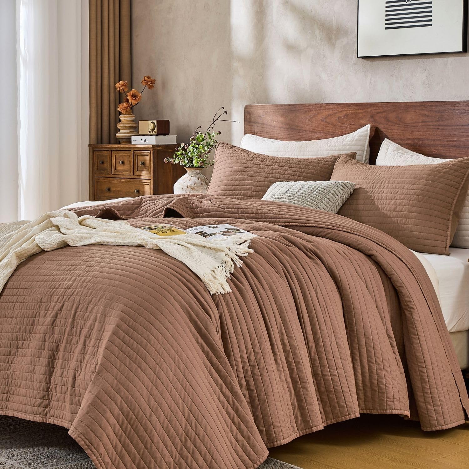DOWN HOME Queen Quilt Bedding Set with Shams, Vintage Washed Soft Quilted Blanket Thin Comforter Lightweight Bedspread Coverlet Bed Cover, Brushed Microfiber Stripe Stitching, Linen White, 86"x90"