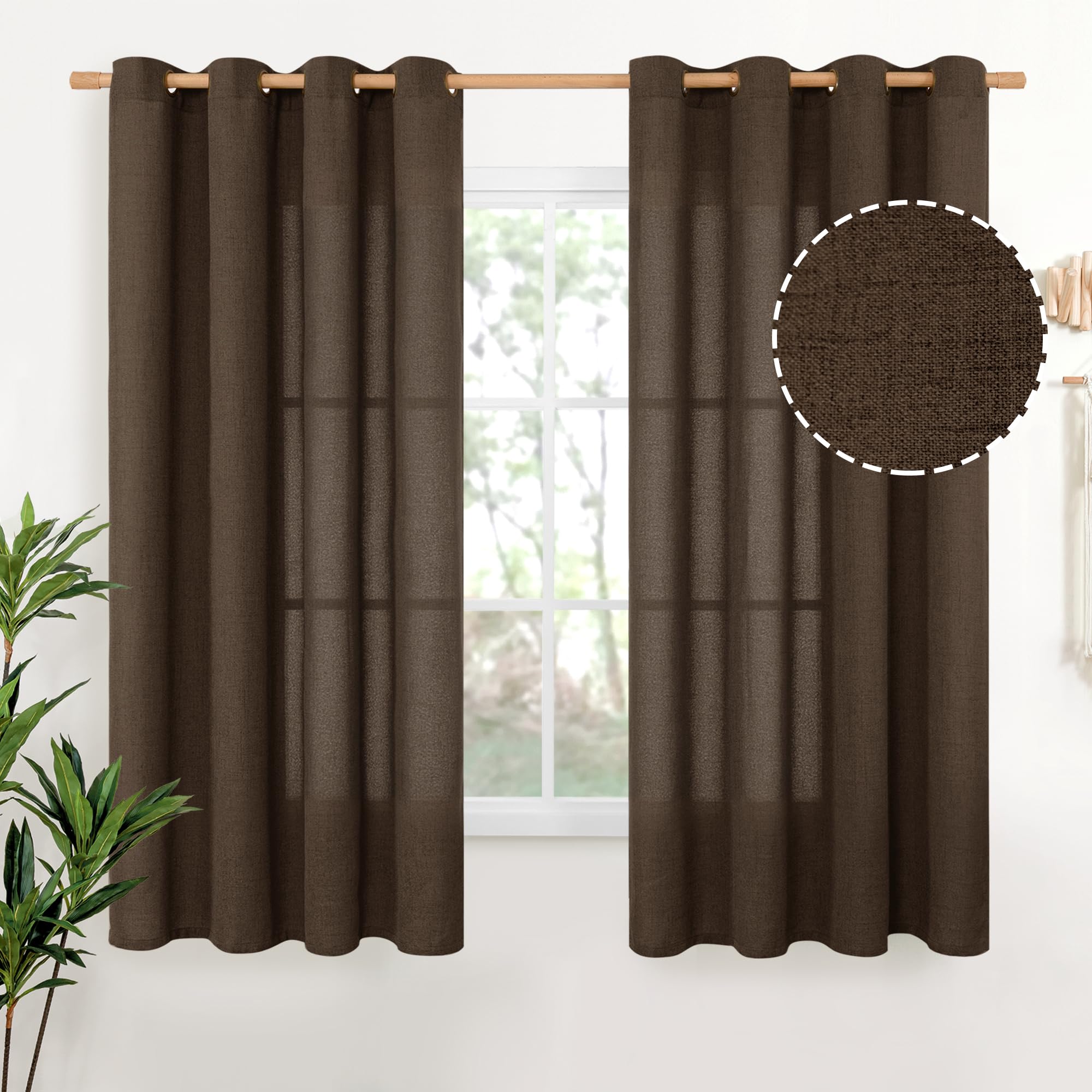 YoungsTex Linen Semi Sheer Curtains 63 Inch Length 2 Panels for Living Room - Light Filtering Drapes with Bronze Grommet Beige Window Treatments for Country Office Bedroom, 52 X 63 Inch