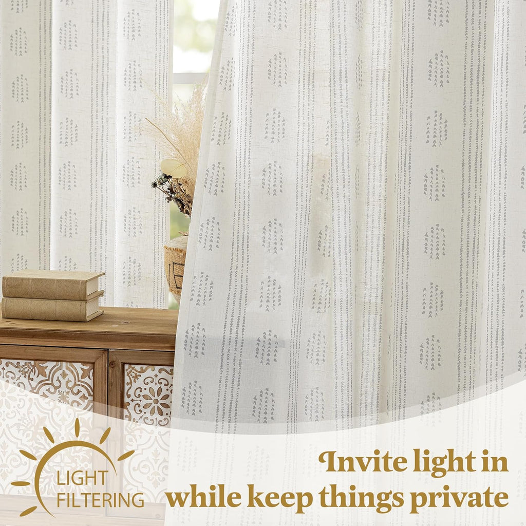 Boho Linen Curtains for Bedroom Living Room Grey Farmhouse Boho Curtains 84 Inches Long Geometric Striped Patterned Mudcloth Grommet Top Light Filtering Window Drapes 2 Panels Gray on Beige