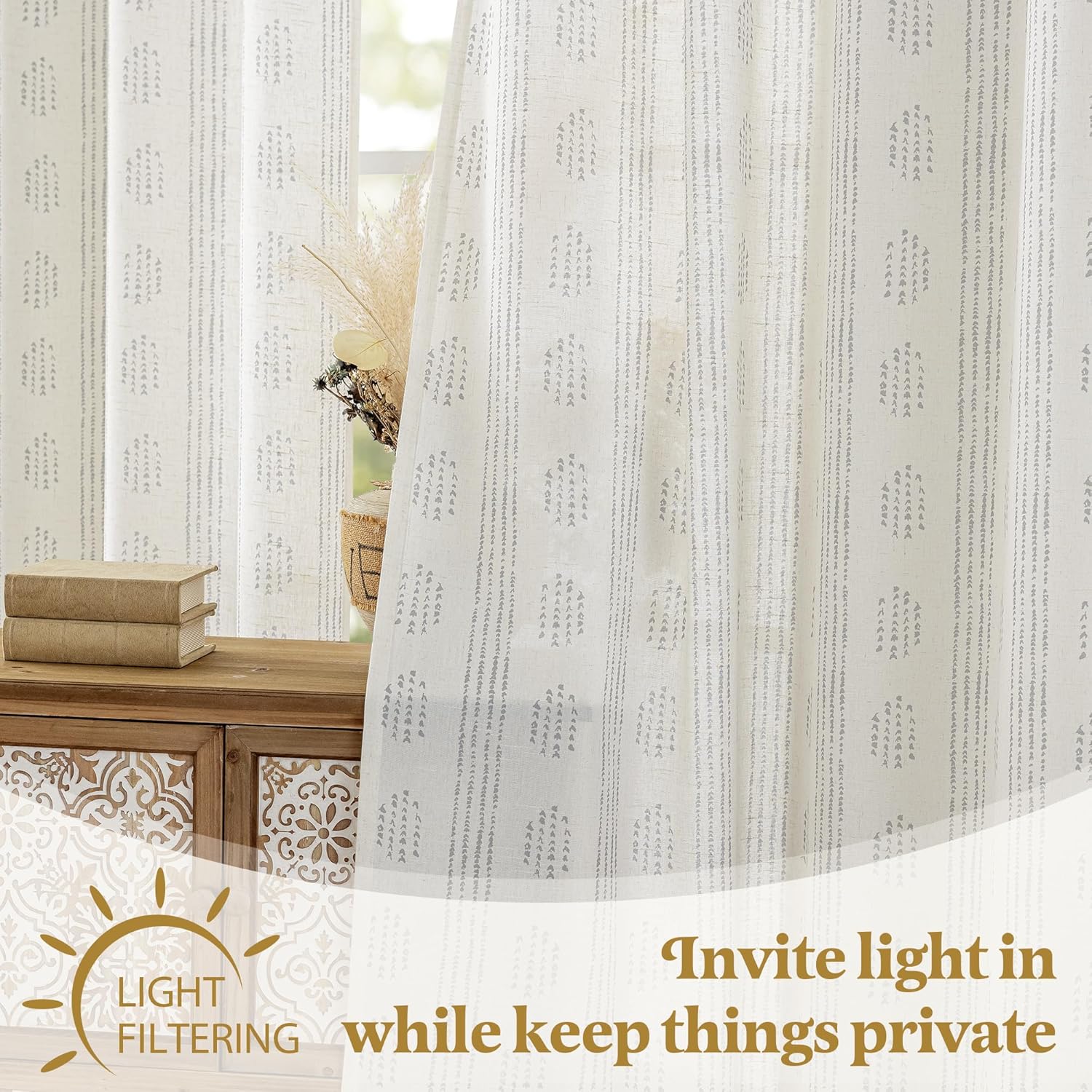 Boho Linen Curtains for Bedroom Living Room Grey Farmhouse Boho Curtains 84 Inches Long Geometric Striped Patterned Mudcloth Grommet Top Light Filtering Window Drapes 2 Panels Gray on Beige