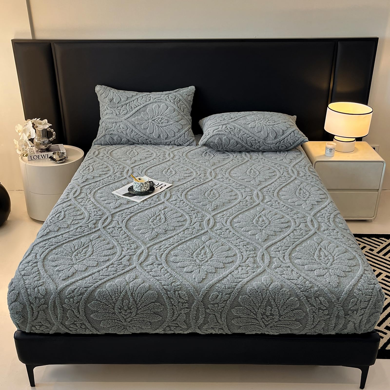 LweiPsqLin Fluffy Velvet Fitted Sheet Full Size - Micro Fleece Bed Sheet with 15" Deep Pockets, Bohemian Floral Jacquard Mattress Cover, Shrink & Fade Resistant, Khaki