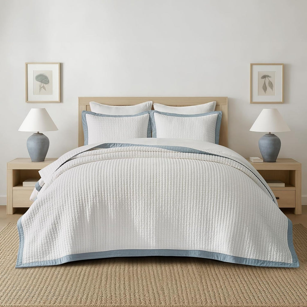 EVERGRACE Cotton Border Frame Tack-Stitch Quilt Bedding Set King Size, Coastal Oversized 3 Pieces Lightweight Bedspread Coverlet for All Season, with 2 Matching Shams, Blue Linen | Pick-Stitch Channel, Border Frame, Pre Washed, Oeko-Tex Certified, 100% Co
