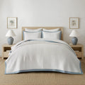 EVERGRACE Cotton Border Frame Tack-Stitch Quilt Bedding Set King Size, Coastal Oversized 3 Pieces Lightweight Bedspread Coverlet for All Season, with 2 Matching Shams, Blue Linen | Pick-Stitch Channel, Border Frame, Pre Washed, Oeko-Tex Certified, 100% Co