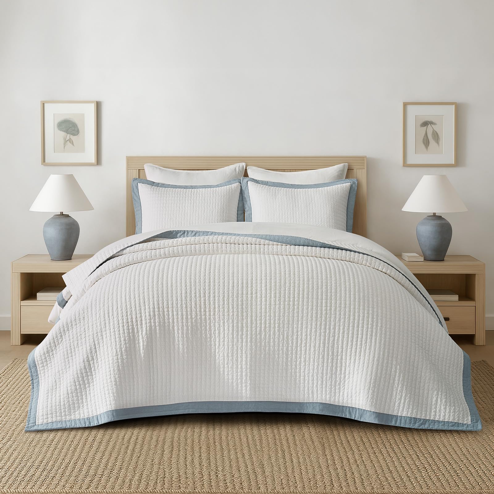 EVERGRACE Cotton Border Frame Tack-Stitch Quilt Bedding Set King Size, Coastal Oversized 3 Pieces Lightweight Bedspread Coverlet for All Season, with 2 Matching Shams, Blue Linen | Pick-Stitch Channel, Border Frame, Pre Washed, Oeko-Tex Certified, 100% Co