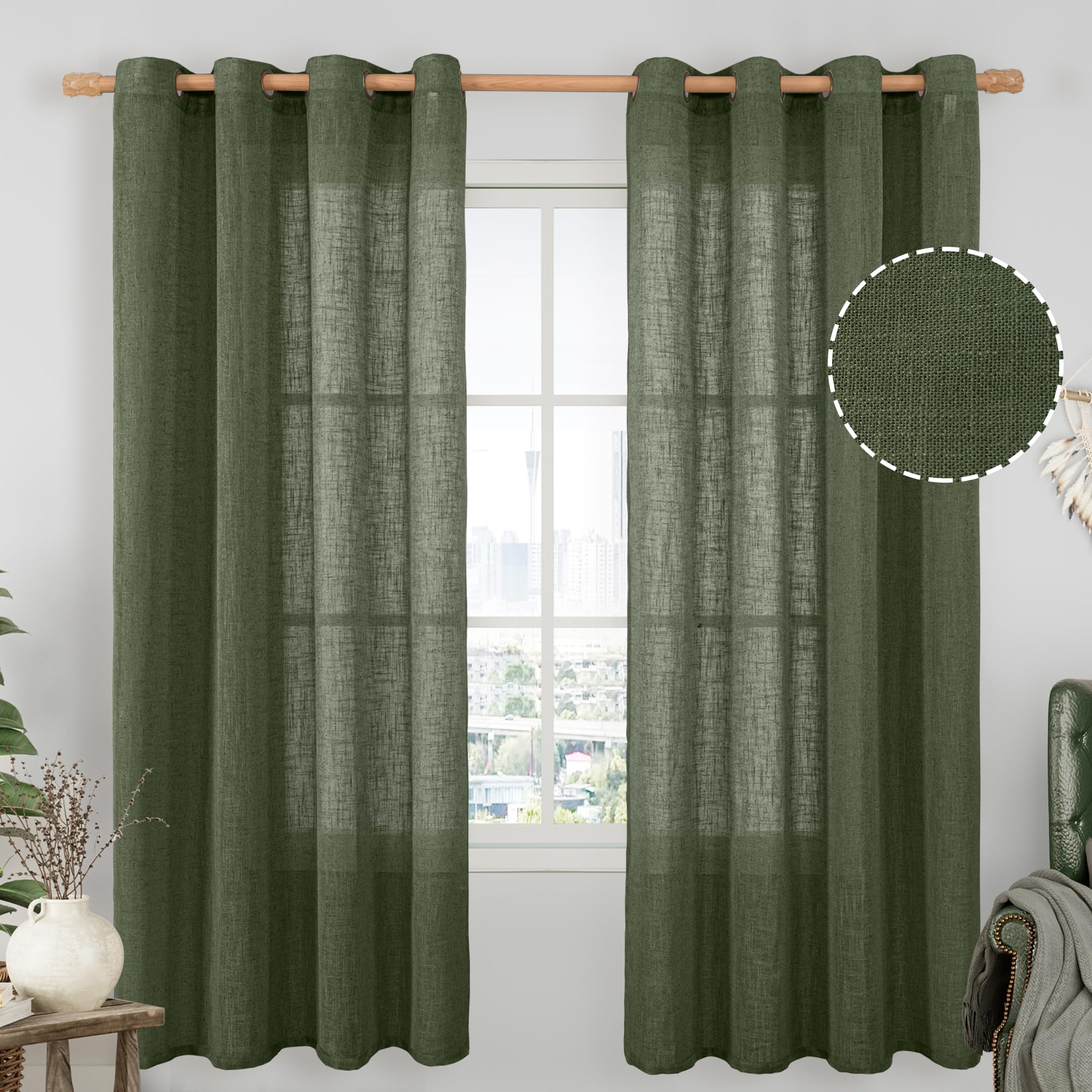 LAMIT Natural Ivory Linen Semi Sheer Curtains 84 inch Length, Cream Light Filtering Soft Thick Neutral Living Room Drapes with Bronze Grommet for Bedroom/Farmhouse, 2 Panels, 52 x 84 Inch