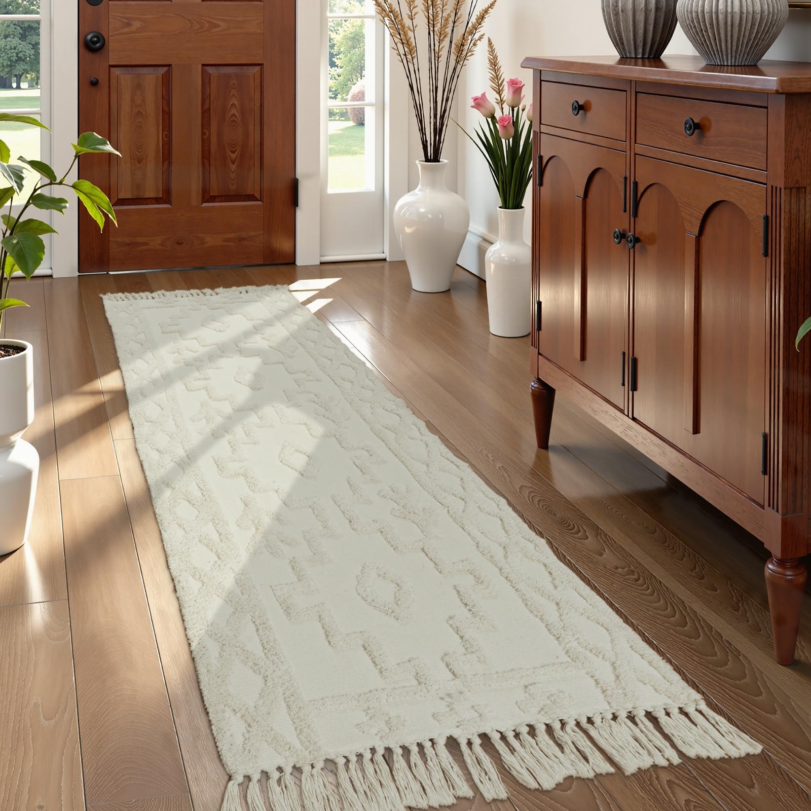 Uphome Boho Bathroom Rug 2' x 3', Washable Small Farmhouse Bedroom Rugs with Tassels, Beige Geometric Bath Mats for Home Decor, Cotton Woven Moroccan Tufted Throw Rug for Entryway Front Door Kitchen
