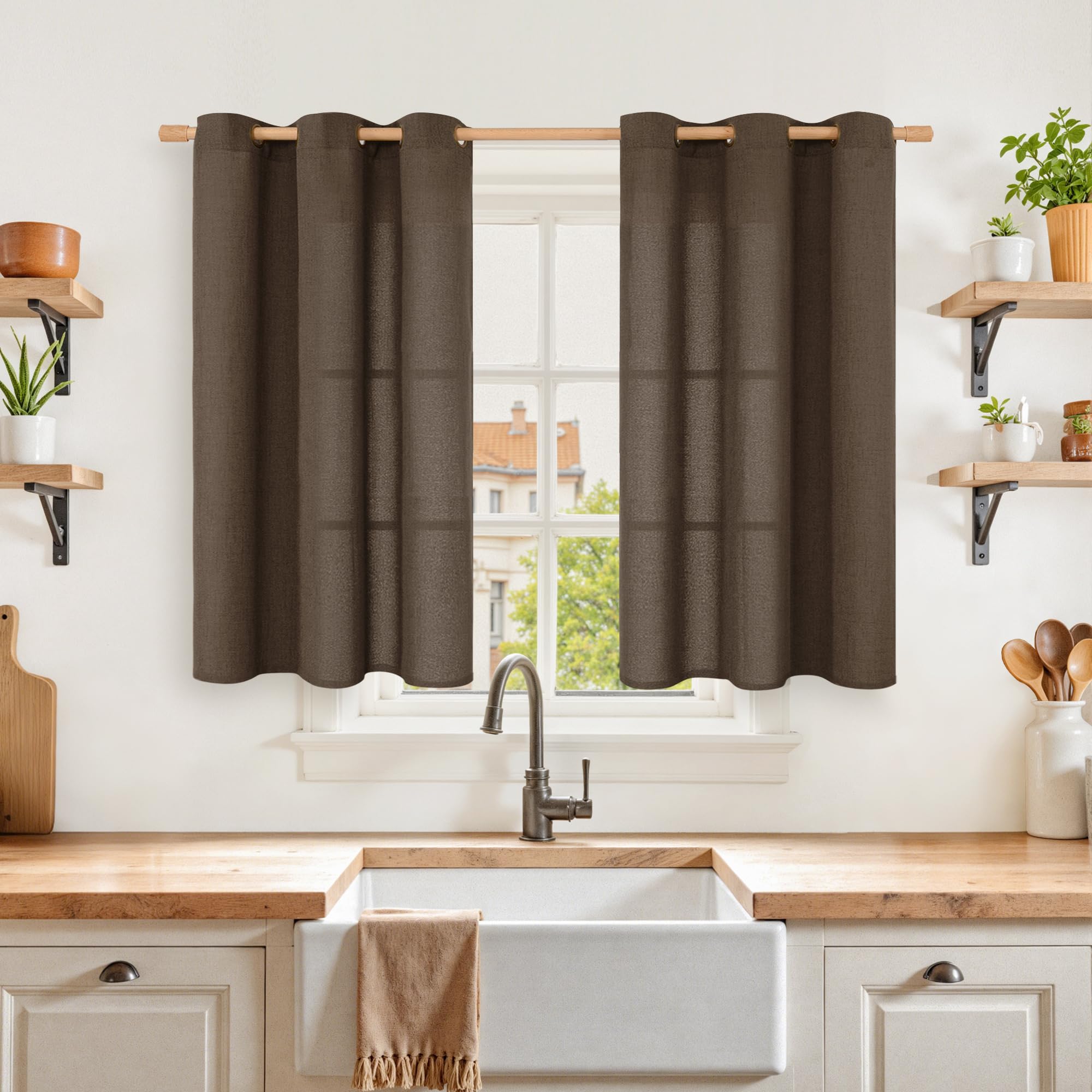 YoungsTex Linen Semi Sheer Curtains 63 Inch Length 2 Panels for Living Room - Light Filtering Drapes with Bronze Grommet Beige Window Treatments for Country Office Bedroom, 52 X 63 Inch
