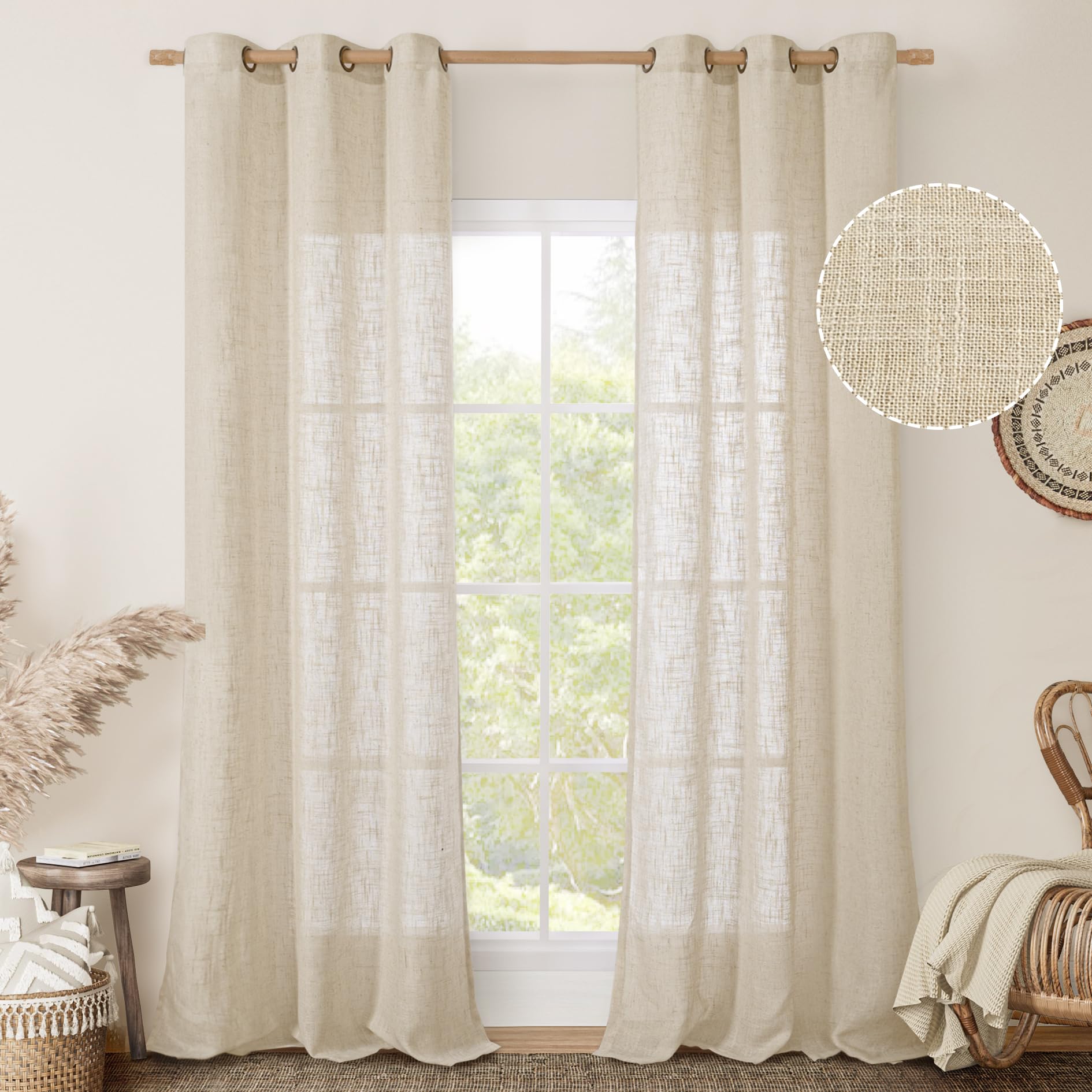 LAMIT Natural Ivory Linen Semi Sheer Curtains 84 inch Length, Cream Light Filtering Soft Thick Neutral Living Room Drapes with Bronze Grommet for Bedroom/Farmhouse, 2 Panels, 52 x 84 Inch