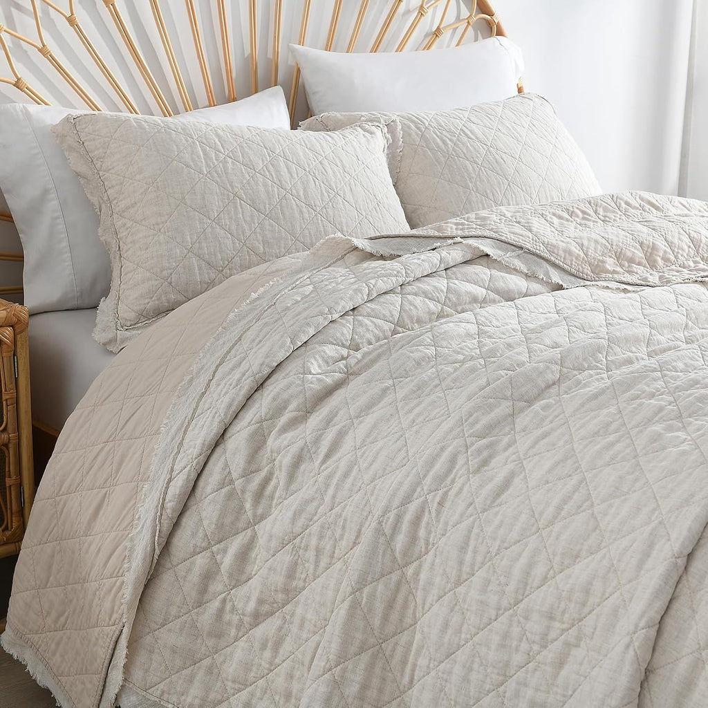 HORIMOTE HOME 100% Linen Front/100% Cotton Back Quilt Set Queen Size, Beige Pre-Washed European Flax Linen Quilt, Diamond Stitch Bedspread Coverlet Bedding Set 3-Piece for All Seasons