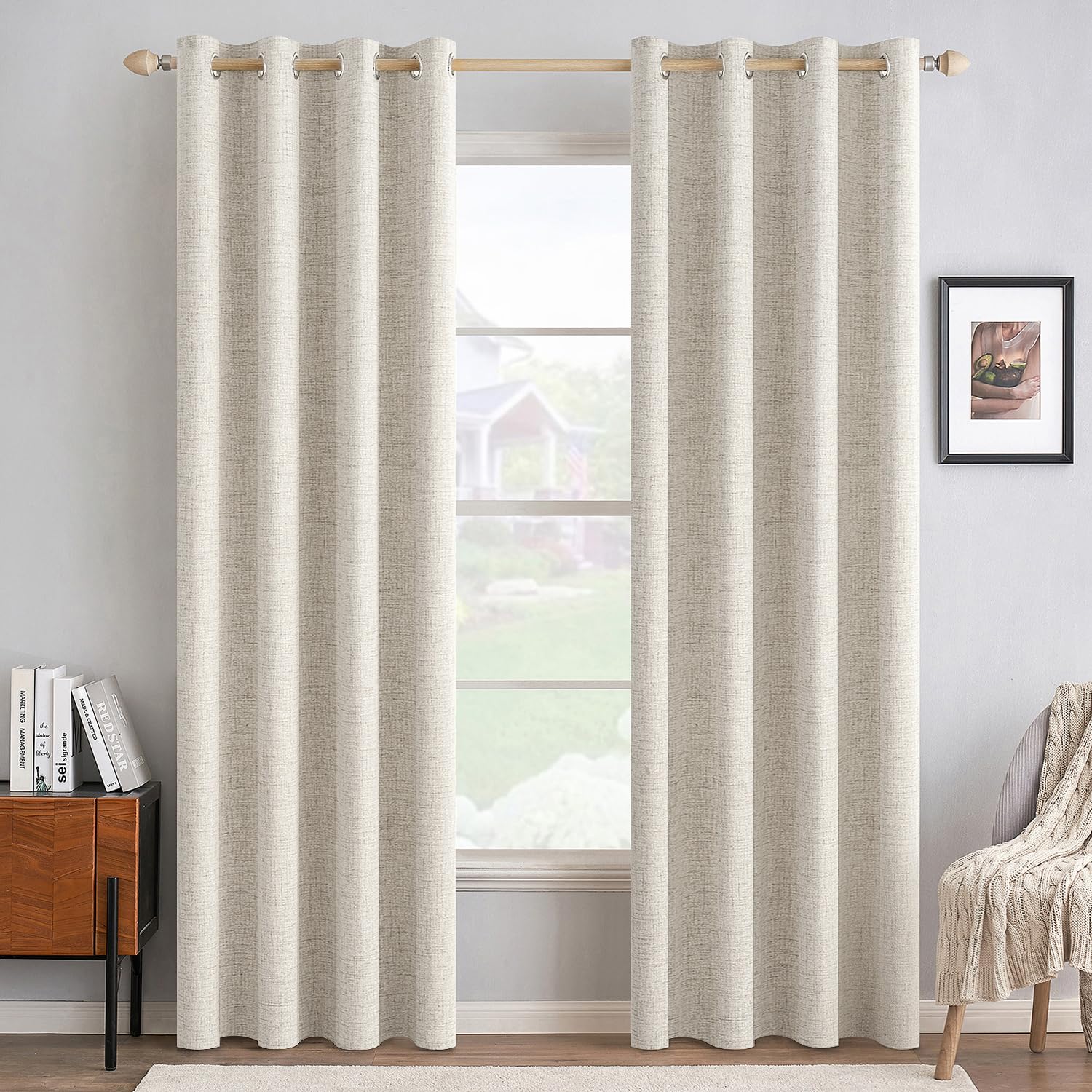 MIULEE 100% Blackout Linen Textured Curtains for Bedroom Solid Thermal Insulated Cream Grommet Room Darkening Curtains & Drapes Luxury Decor for Living Room Nursery 52 x 84 Inch (2 Panels)