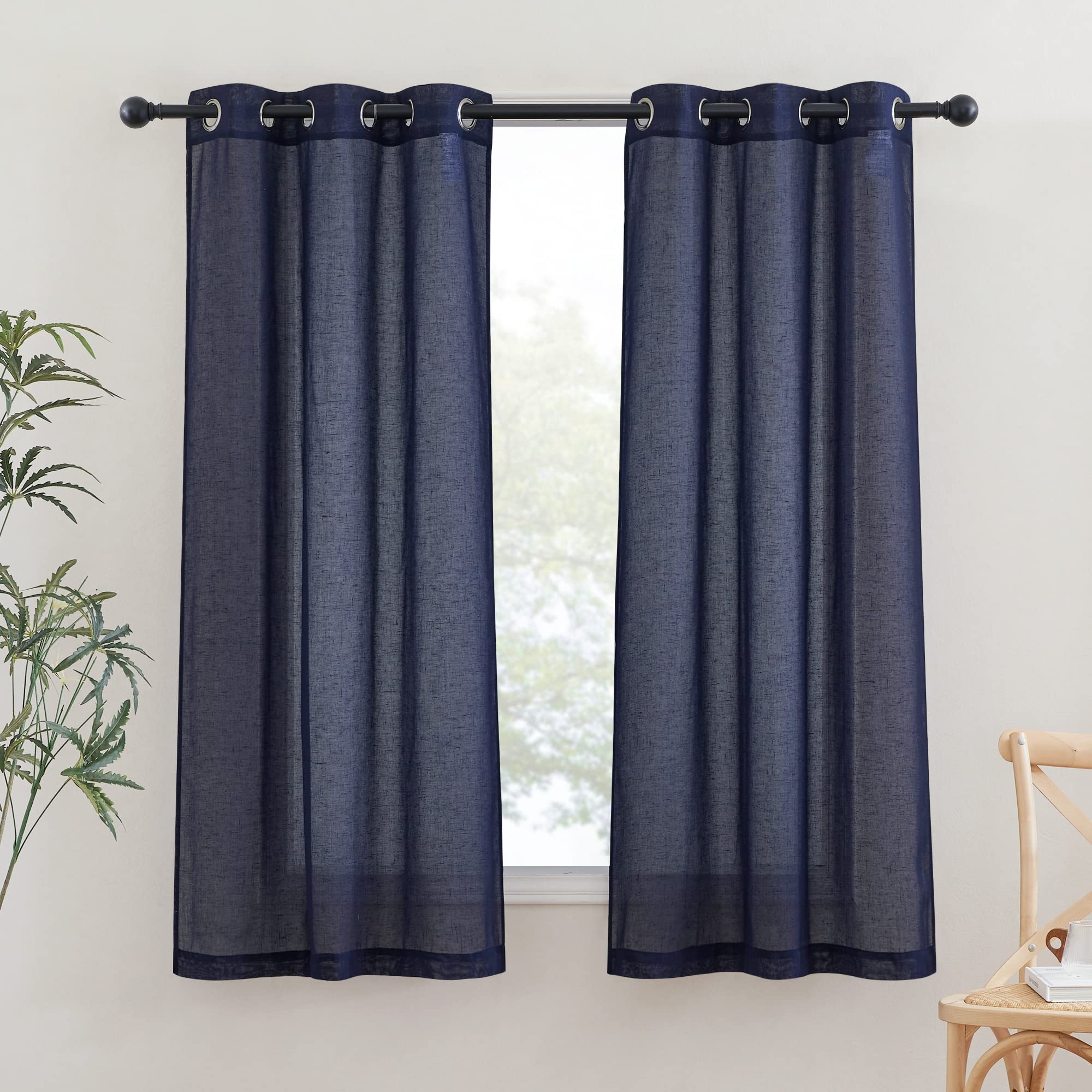 NICETOWN Semi Sheer Linen Curtains for Bedroom 84 inches Long, Grommet Privacy Vertical Farmhouse Window with Light Filtering for Living Room, Natural, W52 x L84, 2 Pieces