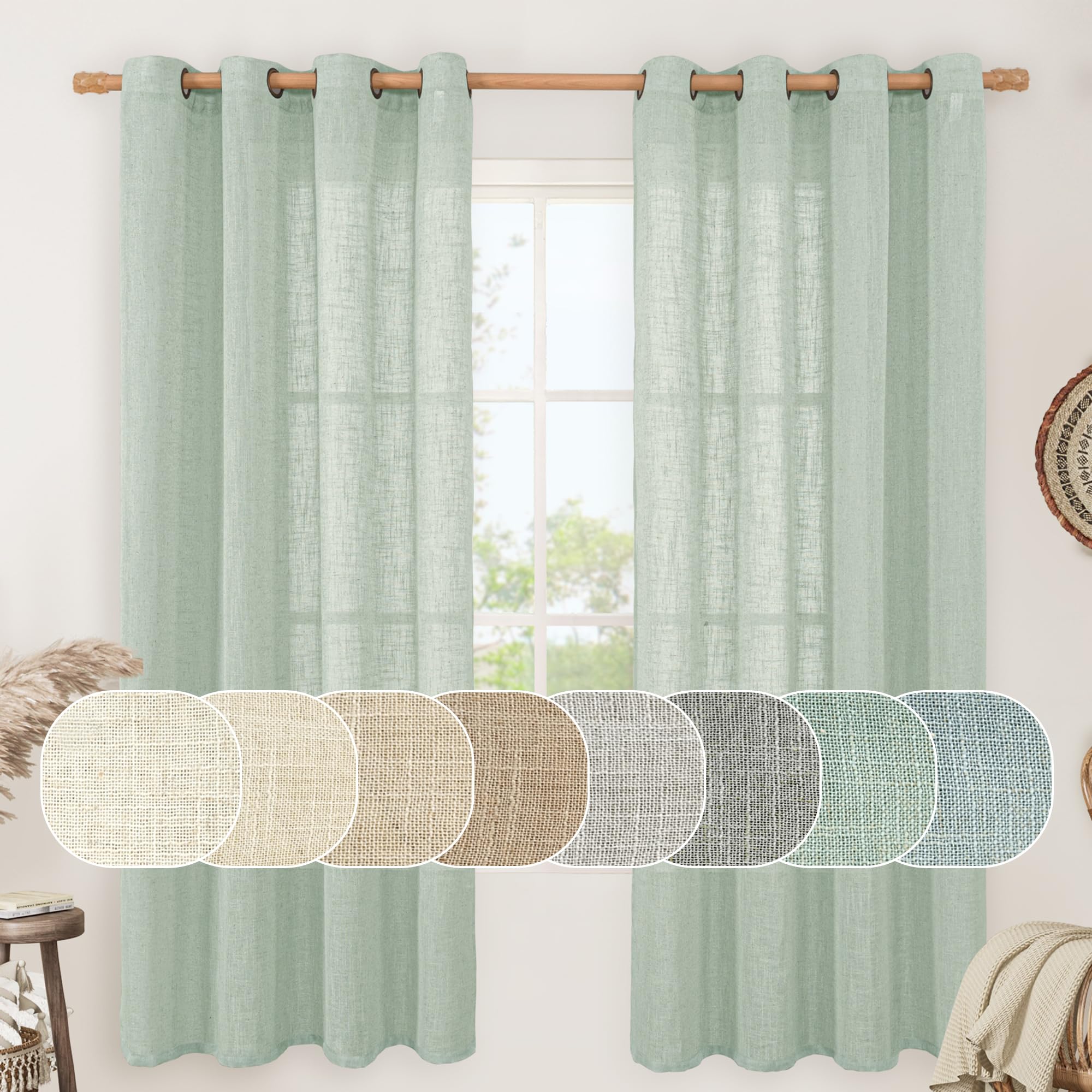 LAMIT Natural Ivory Linen Semi Sheer Curtains 84 inch Length, Cream Light Filtering Soft Thick Neutral Living Room Drapes with Bronze Grommet for Bedroom/Farmhouse, 2 Panels, 52 x 84 Inch