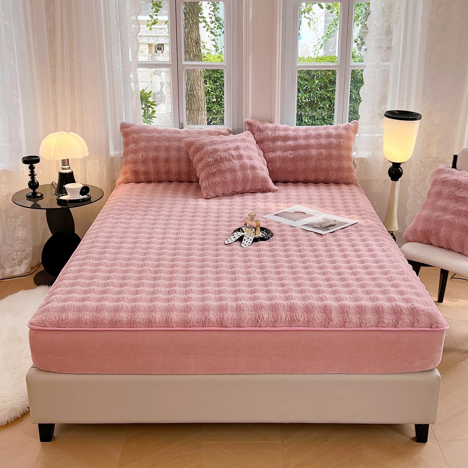 Plush Shaggy Fitted Sheet Full Size-Velvet Fitted Sheet Faux Fur Bottom Sheet with 15" Deep Pocket, Flannel Warm Tie Dyed Mattress Cover,No Pillowcases,Pink