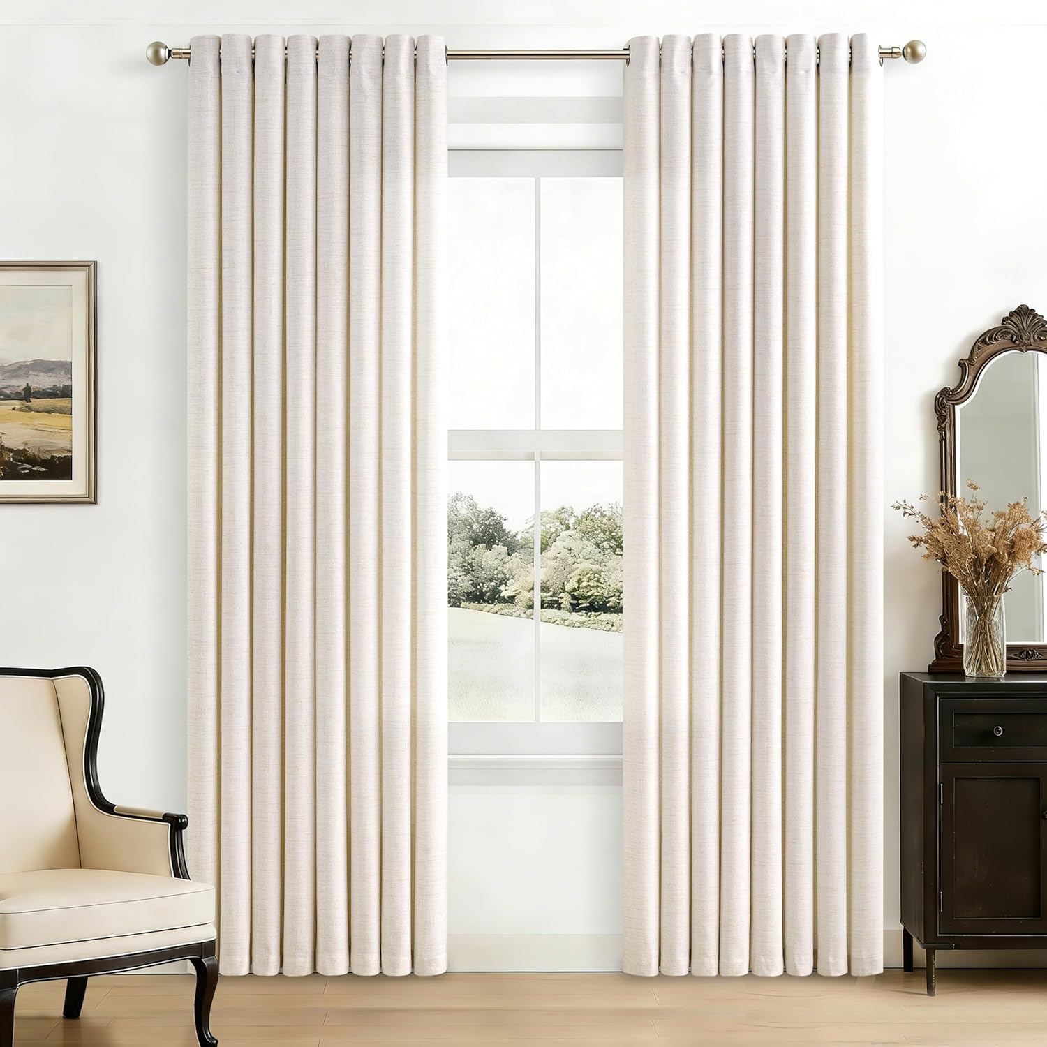 Natural Linen Curtains 96 Inches Long 2 Panels Bronze Grommet Curtain Burlap Ivory Cream Colored Light Filtering Semi Sheer Drapes Thick Linen Blend Floor to Ceiling Length Living Room 8ft