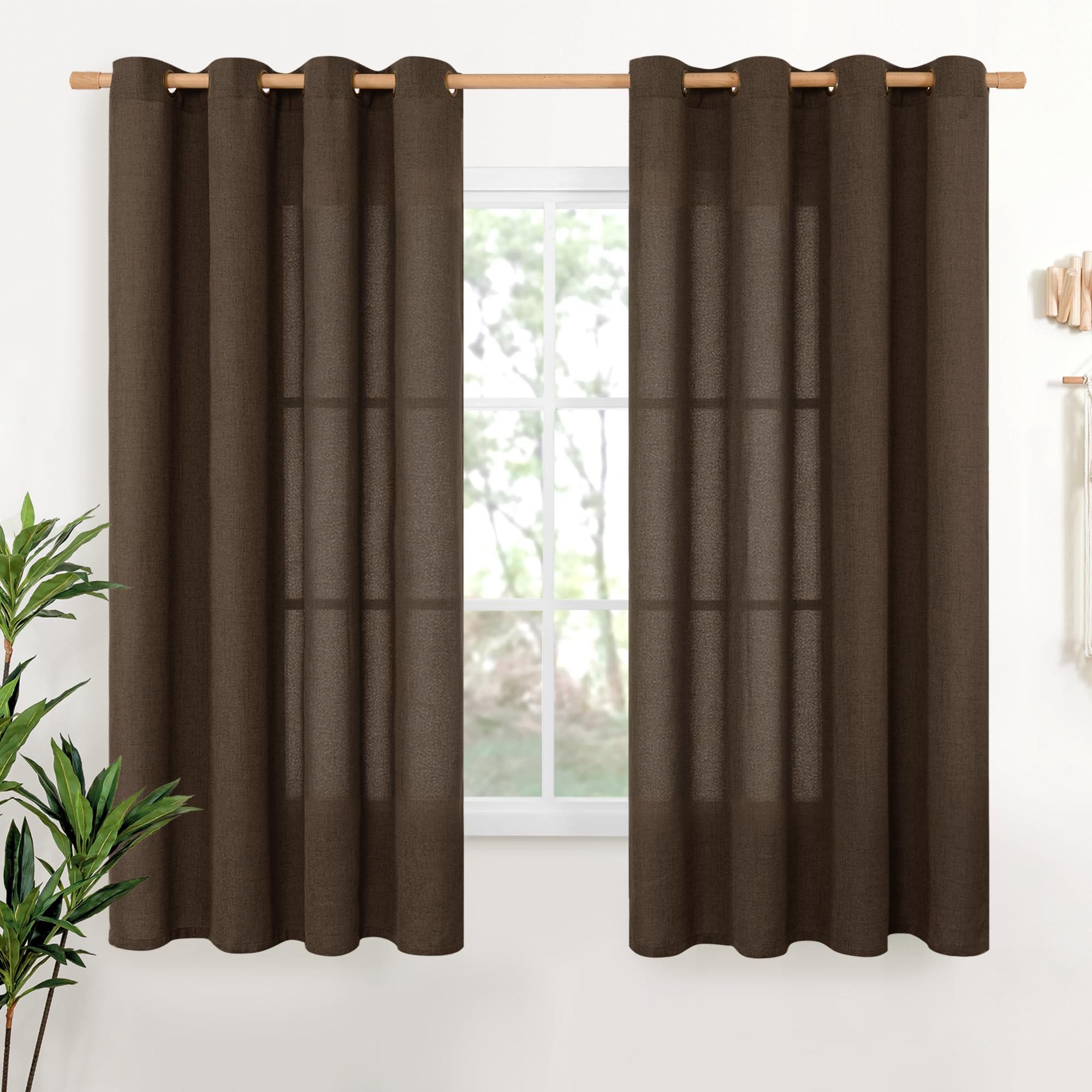 YoungsTex Linen Semi Sheer Curtains 63 Inch Length 2 Panels for Living Room - Light Filtering Drapes with Bronze Grommet Beige Window Treatments for Country Office Bedroom, 52 X 63 Inch
