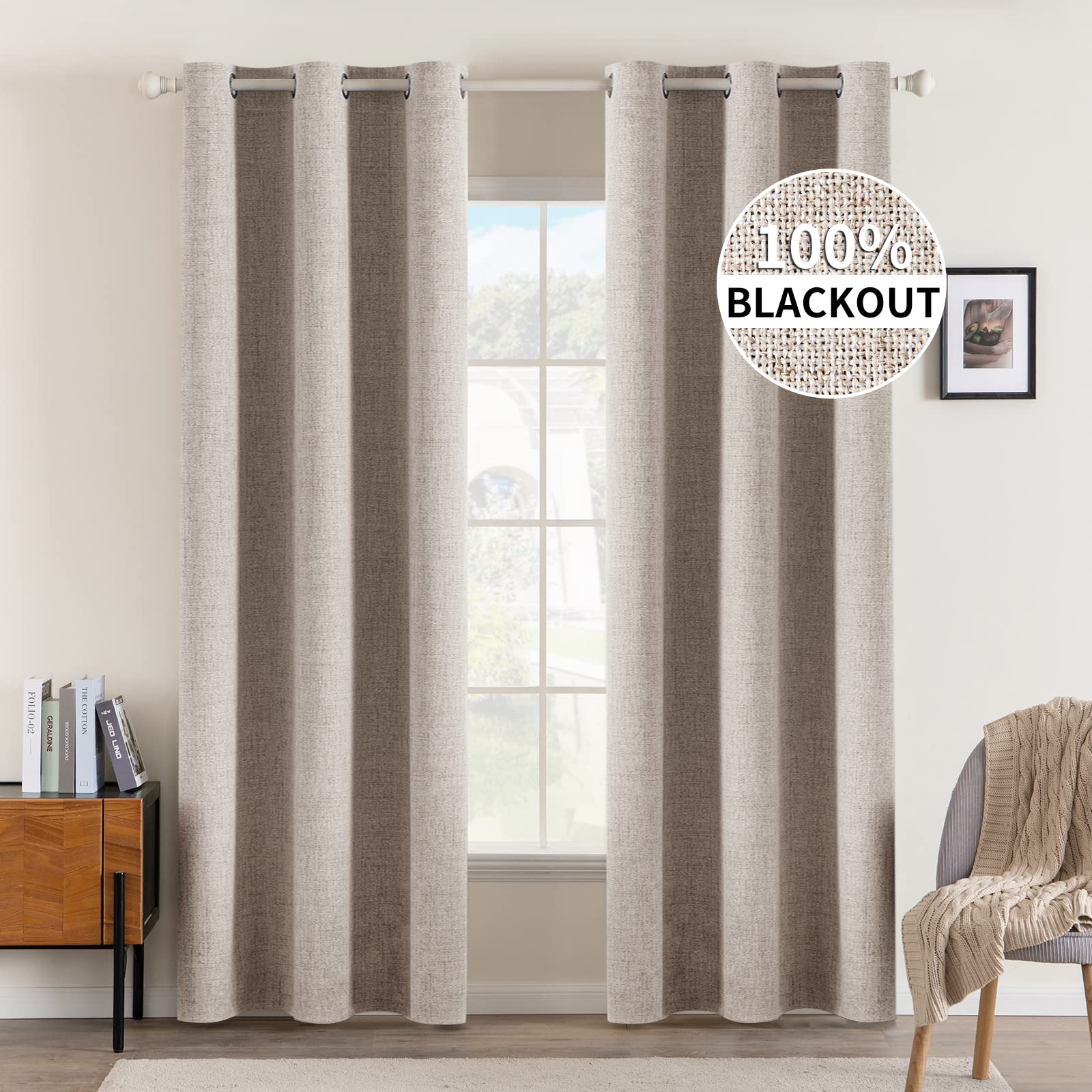 MIULEE 100% Blackout Linen Textured Curtains for Bedroom Solid Thermal Insulated Cream Grommet Room Darkening Curtains & Drapes Luxury Decor for Living Room Nursery 52 x 84 Inch (2 Panels)