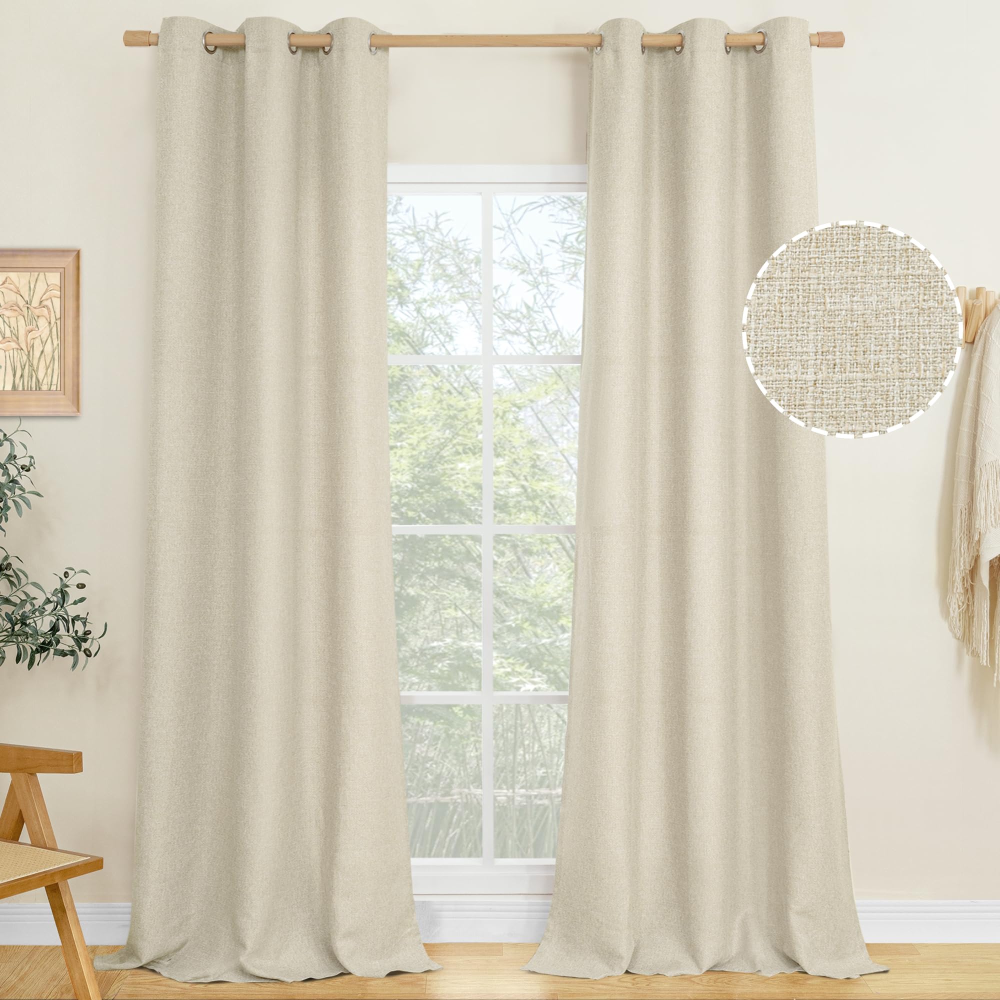 LAMIT Linen Curtains 84 inch Length 2 Panels, Grommet Thick Soft Light Filtering Curtains Privacy Living Room Window Drapes for Bedroom/Farmhouse, W52 x L84, Natural Beige