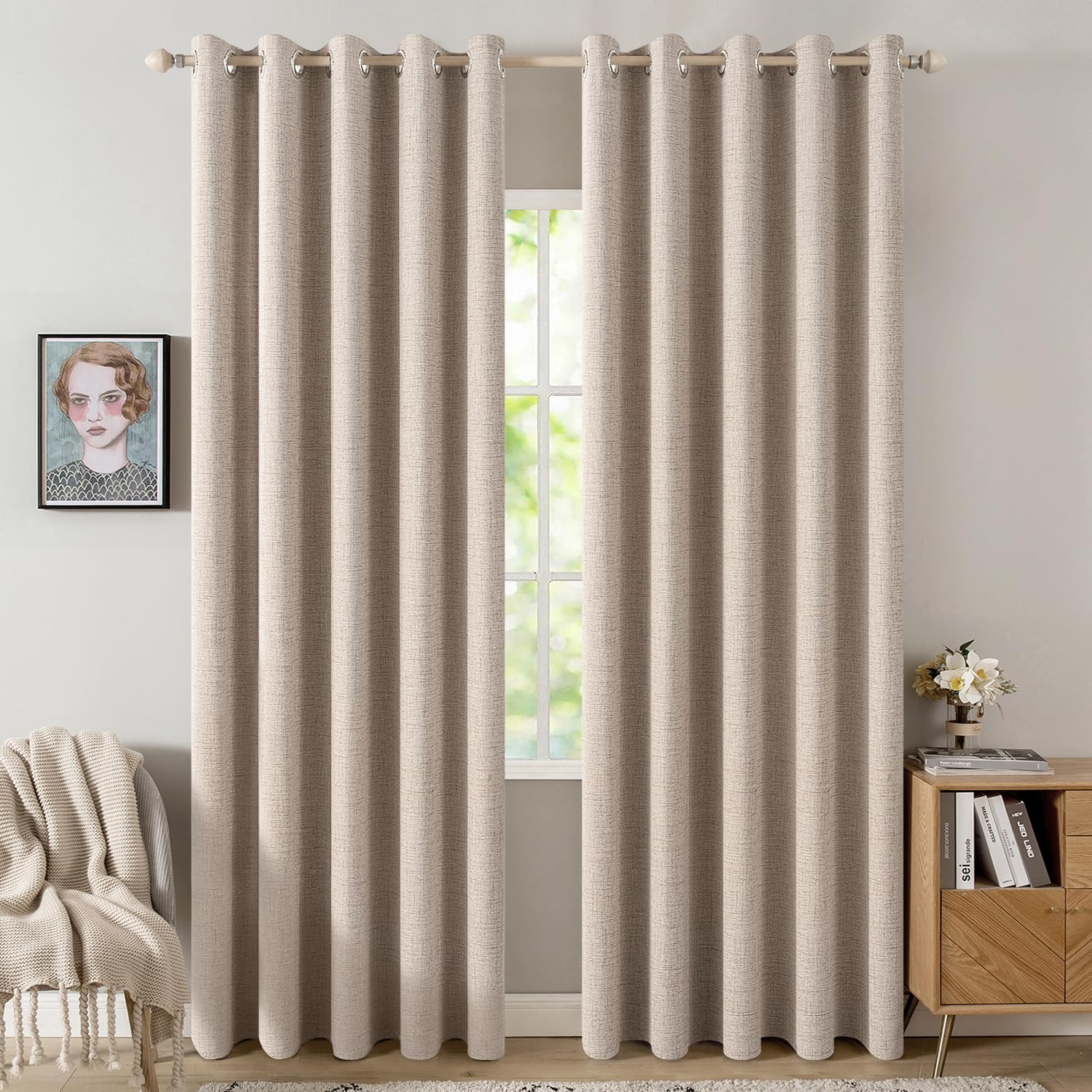 MIULEE 100% Blackout Linen Textured Curtains for Bedroom Solid Thermal Insulated Cream Grommet Room Darkening Curtains & Drapes Luxury Decor for Living Room Nursery 52 x 84 Inch (2 Panels)