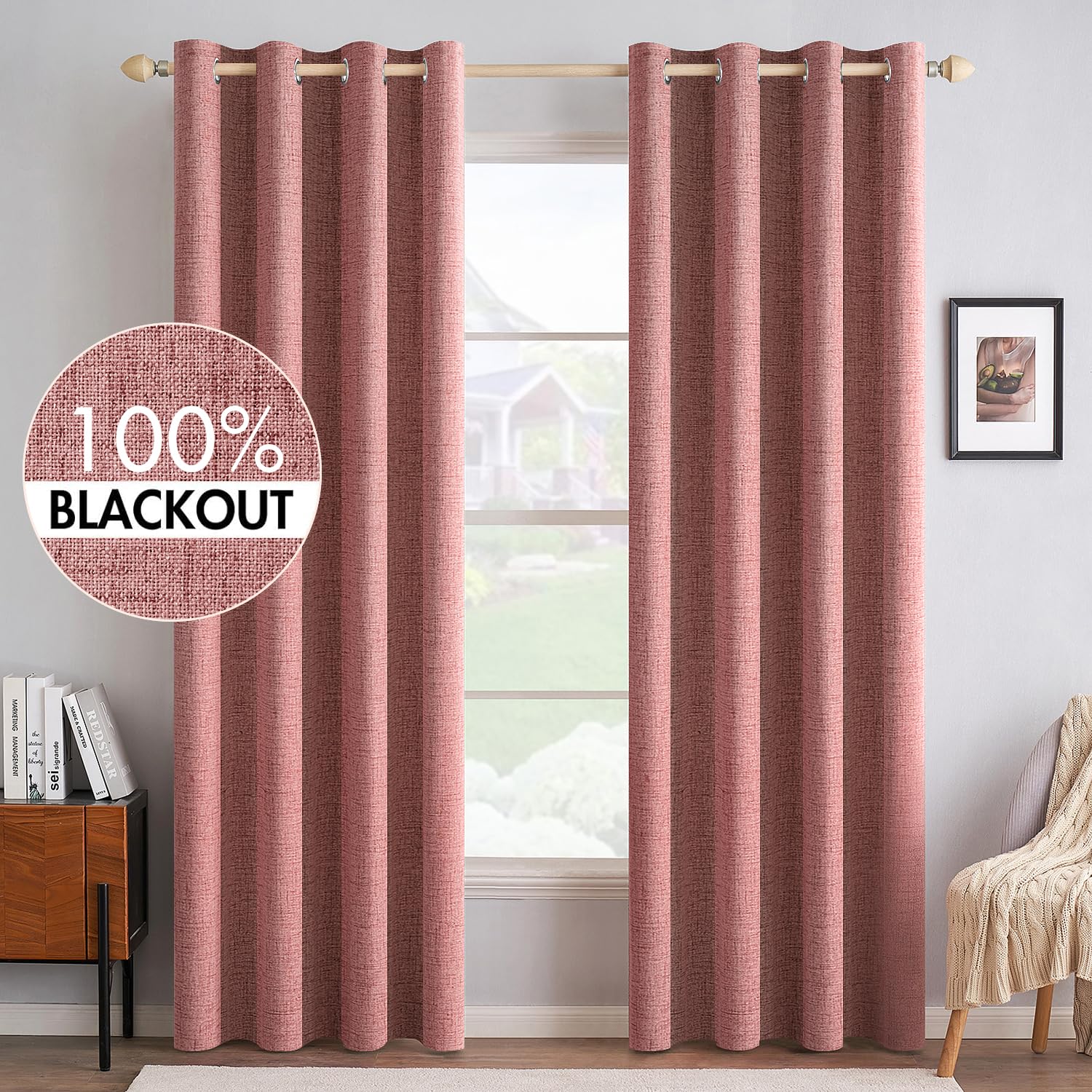 MIULEE 100% Blackout Linen Textured Curtains for Bedroom Solid Thermal Insulated Cream Grommet Room Darkening Curtains & Drapes Luxury Decor for Living Room Nursery 52 x 84 Inch (2 Panels)
