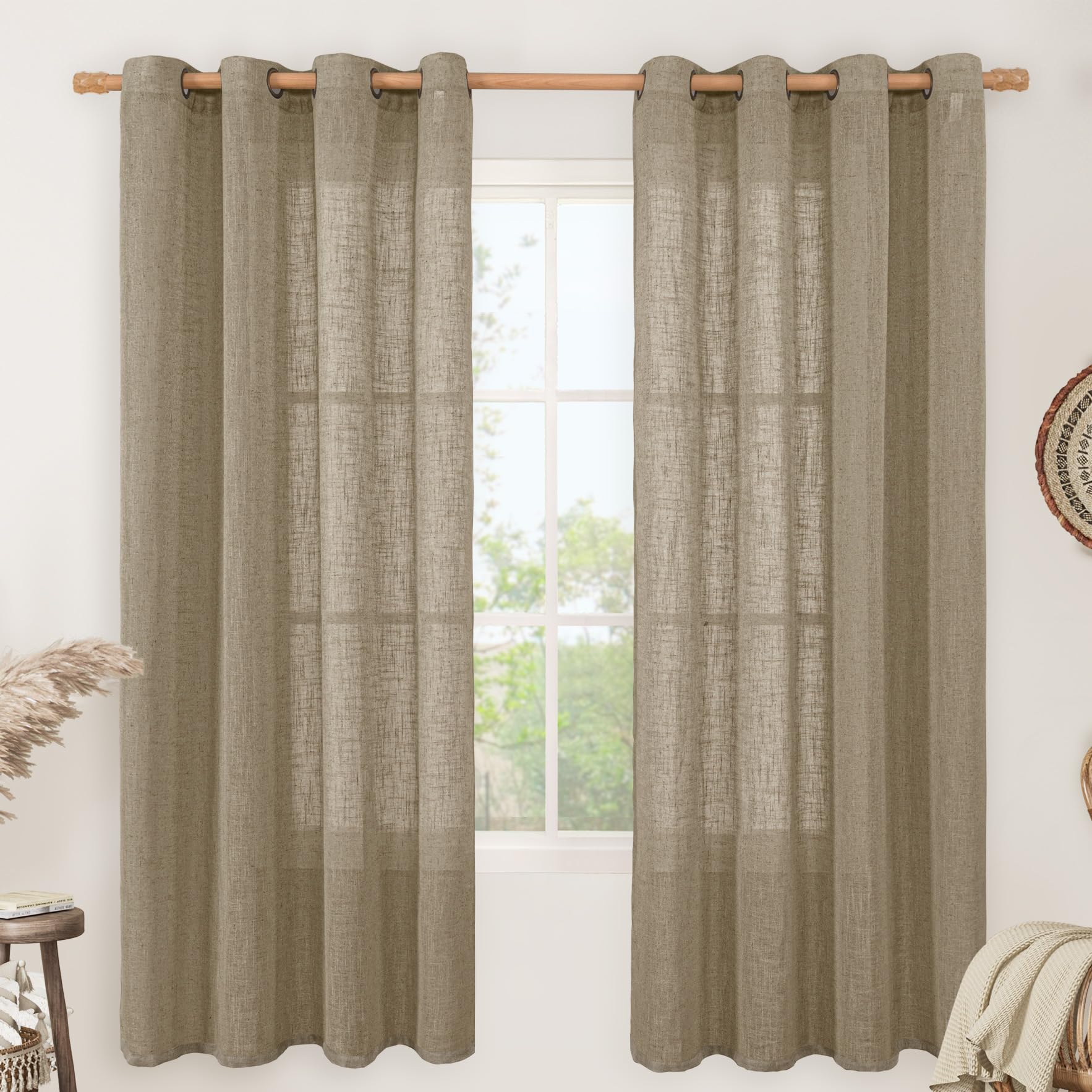 LAMIT Natural Ivory Linen Semi Sheer Curtains 84 inch Length, Cream Light Filtering Soft Thick Neutral Living Room Drapes with Bronze Grommet for Bedroom/Farmhouse, 2 Panels, 52 x 84 Inch