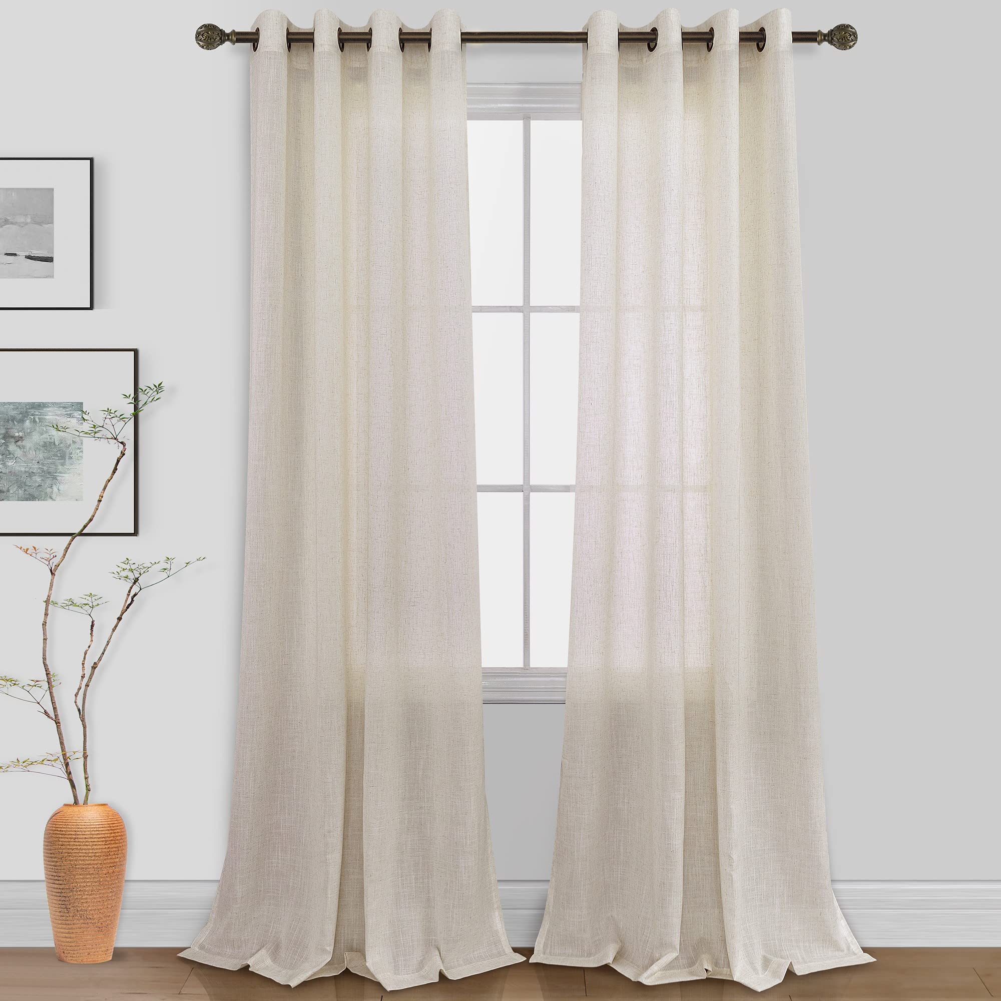 KOUFALL Linen Curtains for Living Room, Bronze Grommet, Semi Sheer Light Filtering Curtains, Neutral Cream Farmhouse Curtain Drapes 84 Inches Long 2 Panels Set