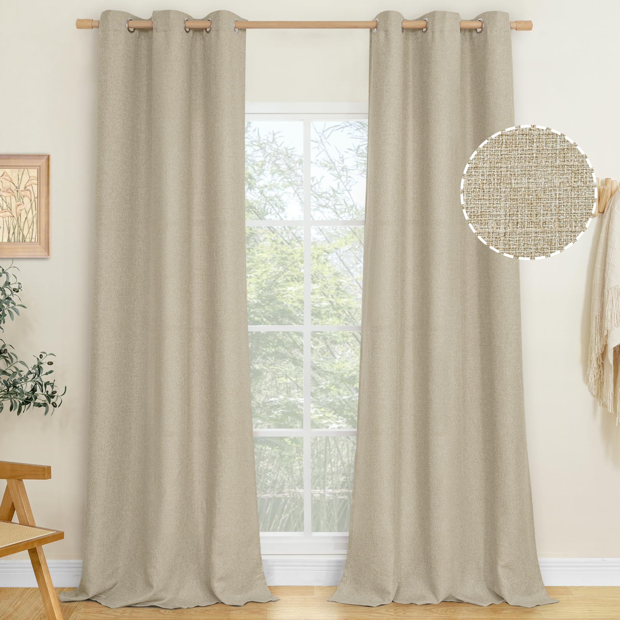 LAMIT Linen Curtains 84 inch Length 2 Panels, Grommet Thick Soft Light Filtering Curtains Privacy Living Room Window Drapes for Bedroom/Farmhouse, W52 x L84, Natural Beige