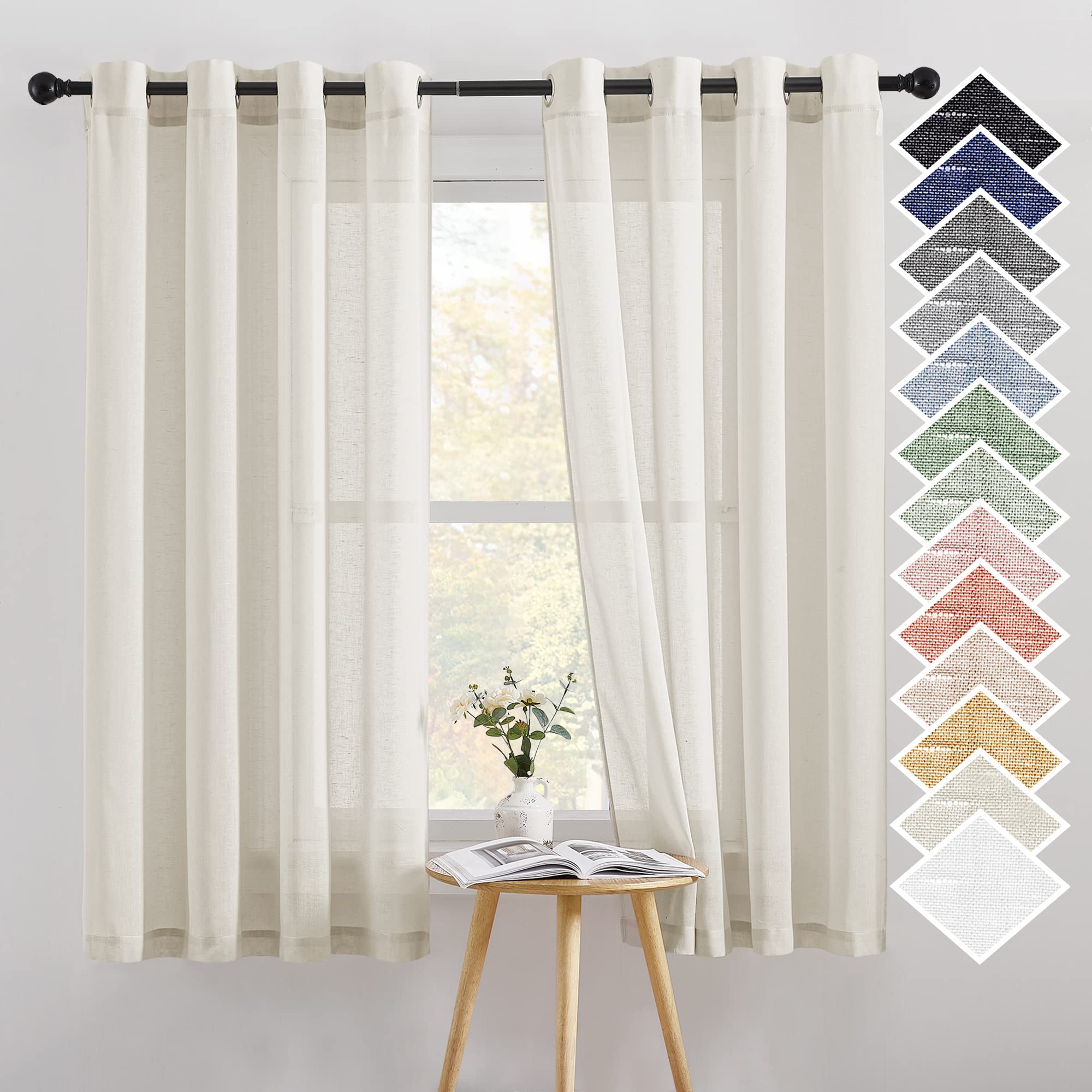 NICETOWN Semi Sheer Linen Curtains for Bedroom 84 inches Long, Grommet Privacy Vertical Farmhouse Window with Light Filtering for Living Room, Natural, W52 x L84, 2 Pieces