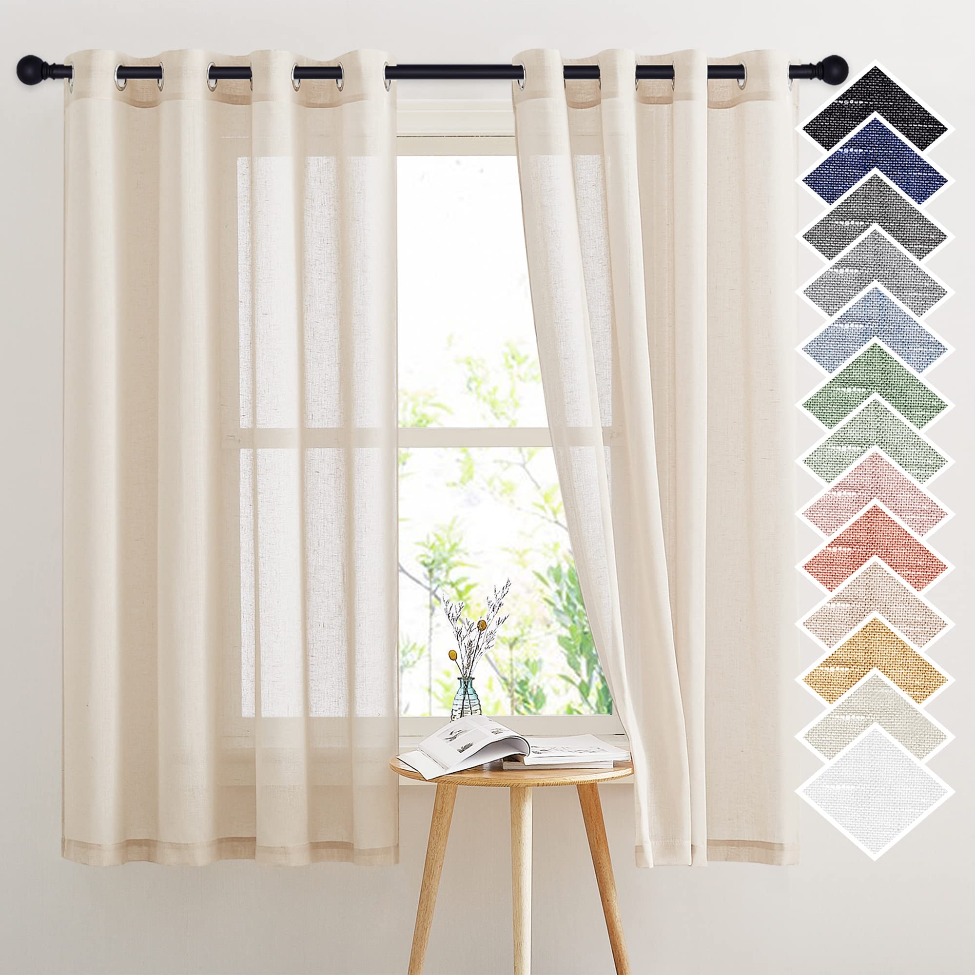 NICETOWN Semi Sheer Linen Curtains for Bedroom 84 inches Long, Grommet Privacy Vertical Farmhouse Window with Light Filtering for Living Room, Natural, W52 x L84, 2 Pieces