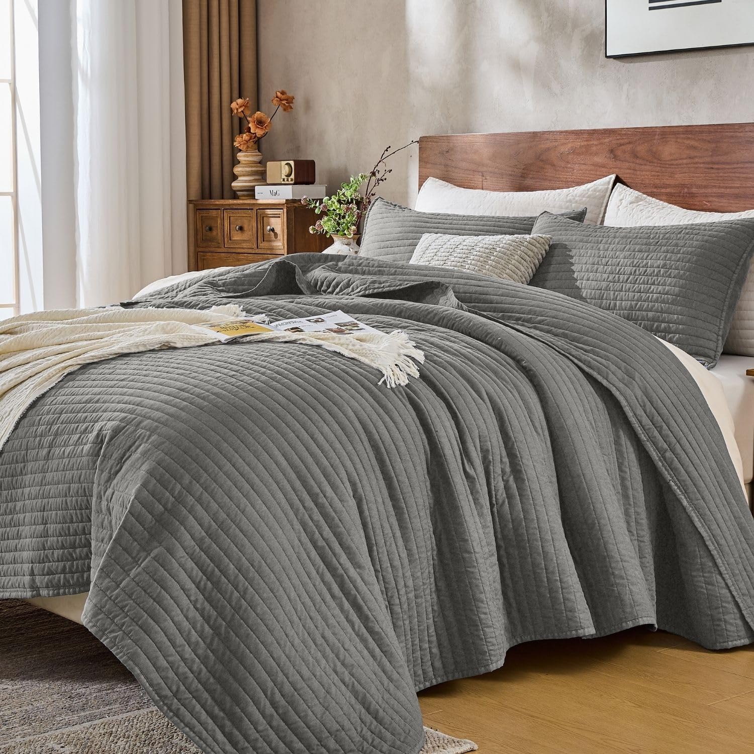 DOWN HOME Queen Quilt Bedding Set with Shams, Vintage Washed Soft Quilted Blanket Thin Comforter Lightweight Bedspread Coverlet Bed Cover, Brushed Microfiber Stripe Stitching, Linen White, 86"x90"