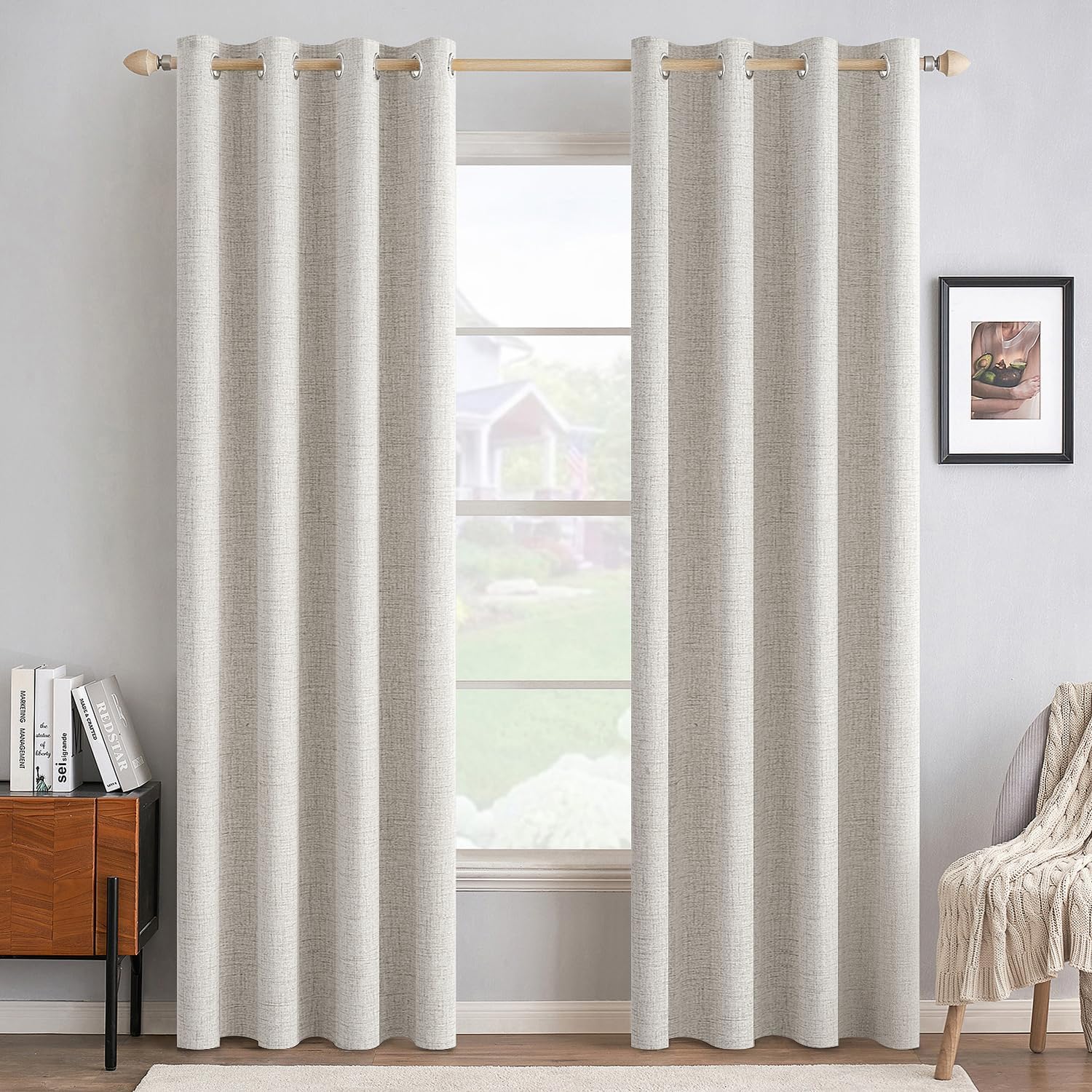 MIULEE 100% Blackout Linen Textured Curtains for Bedroom Solid Thermal Insulated Natural Beige Grommet Room Darkening Curtains & Drapes Luxury Decor for Living Room Nursery 52 x 96 Inch (2 Panels)