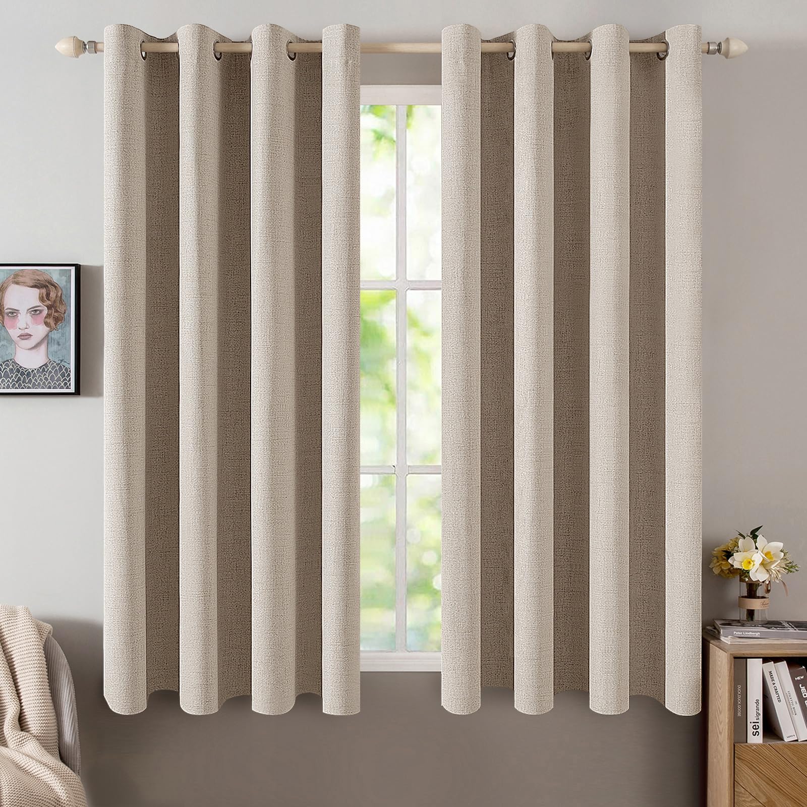 MIULEE 100% Blackout Linen Textured Curtains for Bedroom Solid Thermal Insulated Cream Grommet Room Darkening Curtains & Drapes Luxury Decor for Living Room Nursery 52 x 84 Inch (2 Panels)