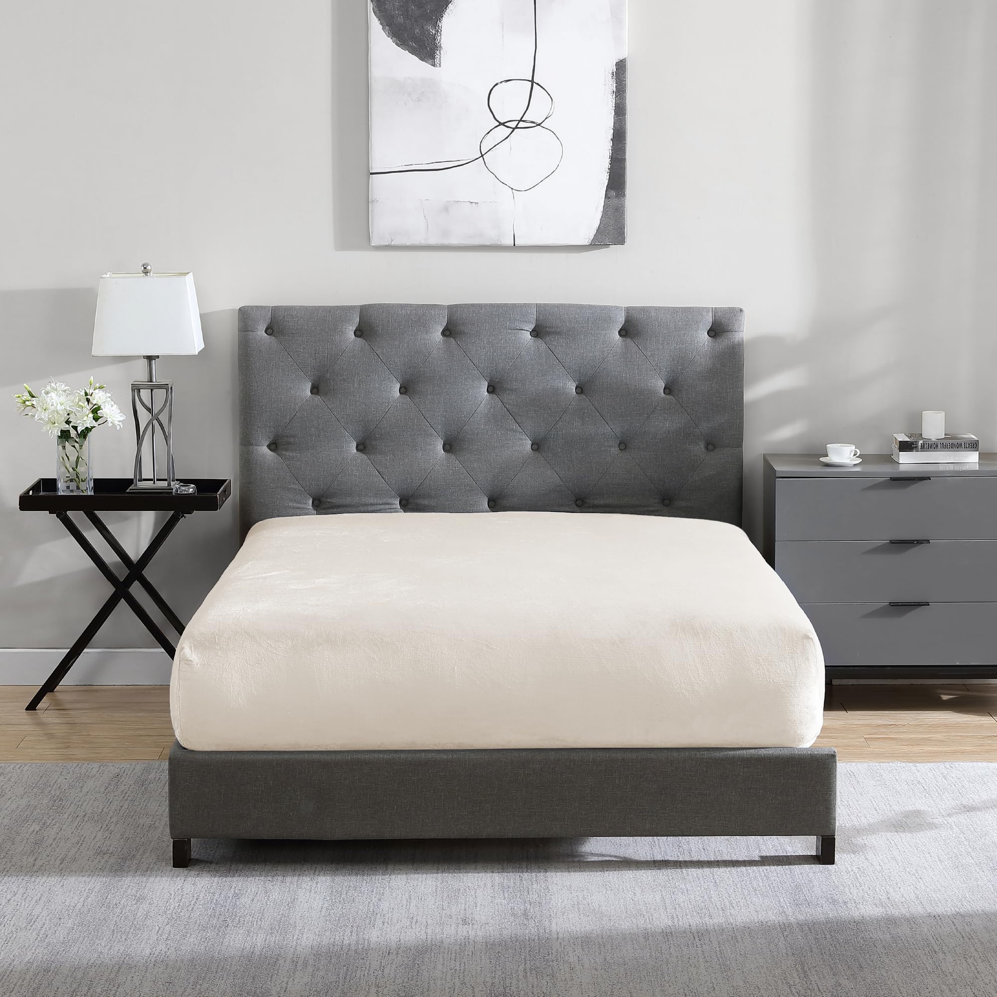 Cathay Home Queen Plush Fur Fitted Sheet - Ultra Soft & Thick Plush Fur - All Season Cozy Warmth - 12" Deep Pocket Fitted Sheet Only (Queen, Grey)