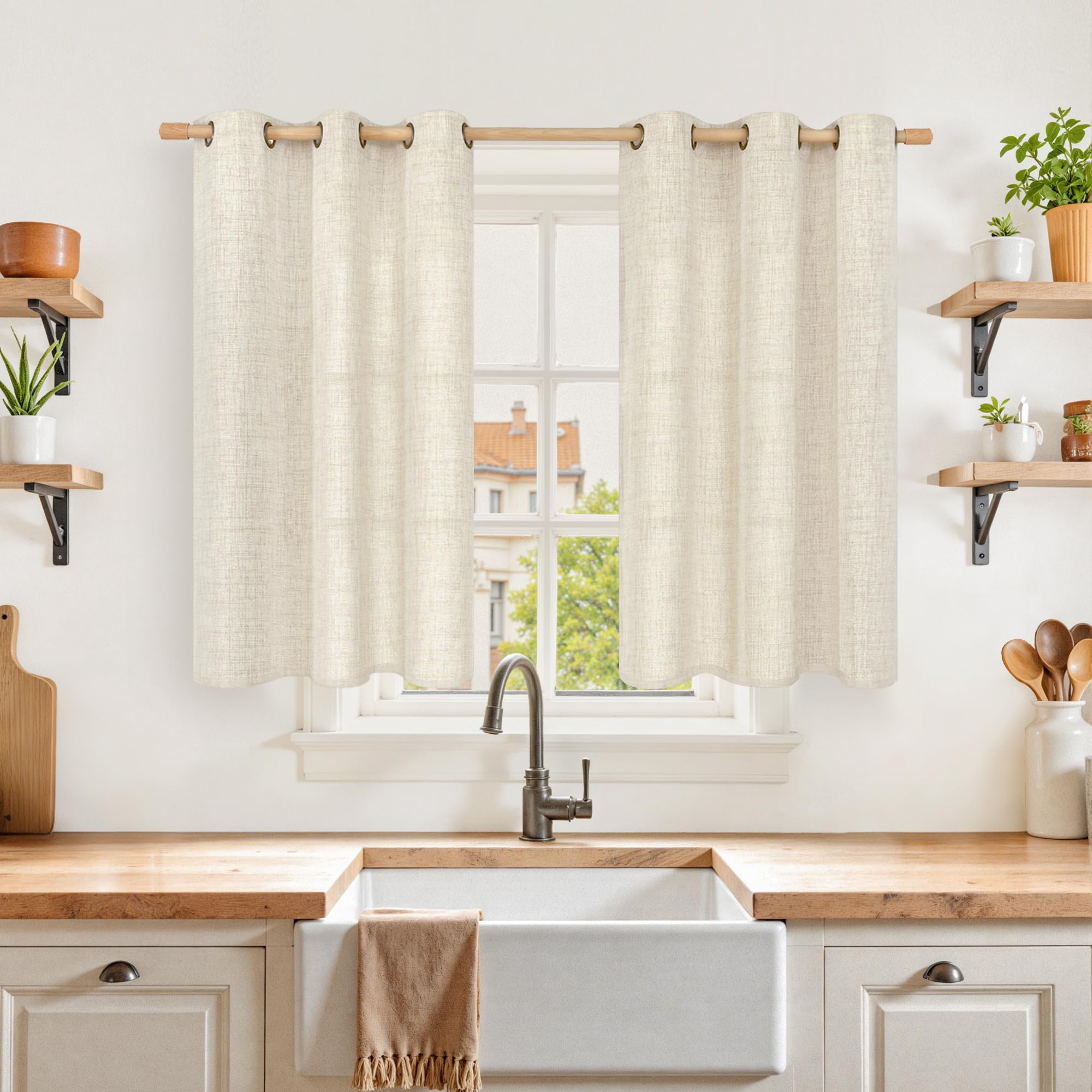 YoungsTex Linen Semi Sheer Curtains 63 Inch Length 2 Panels for Living Room - Light Filtering Drapes with Bronze Grommet Beige Window Treatments for Country Office Bedroom, 52 X 63 Inch