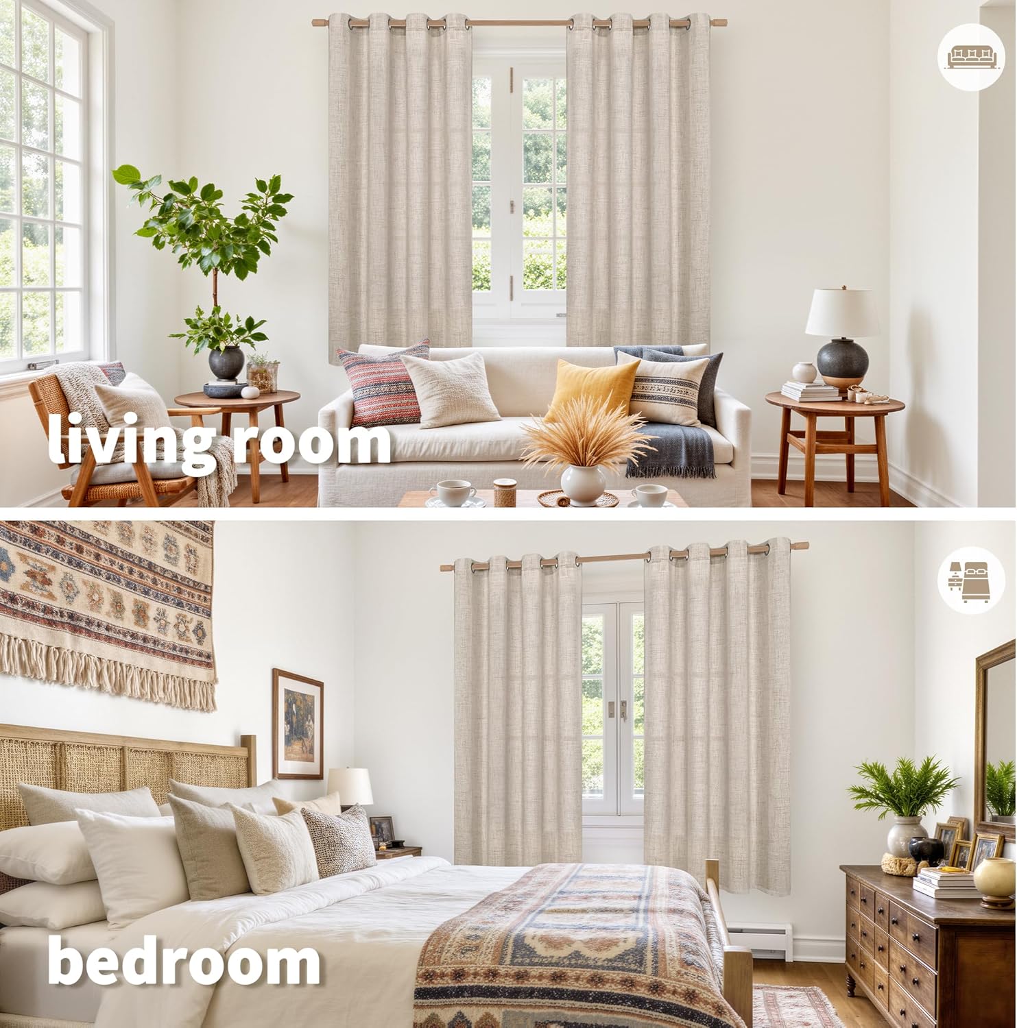 YoungsTex Linen Semi Sheer Curtains 63 Inch Length 2 Panels for Living Room - Light Filtering Drapes with Bronze Grommet Beige Window Treatments for Country Office Bedroom, 52 X 63 Inch
