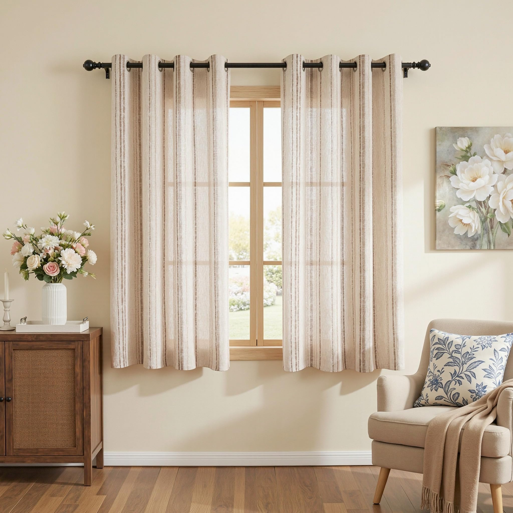 MYSKY HOME Grey Striped Linen Curtains 84 Inches Long Farmhouse Rustic for Bedroom Living Room Light Filtering Ticking Stripe Pinstripe Gray and White Patterned Drapes, Grommet, 2 Panels, 52" Wide