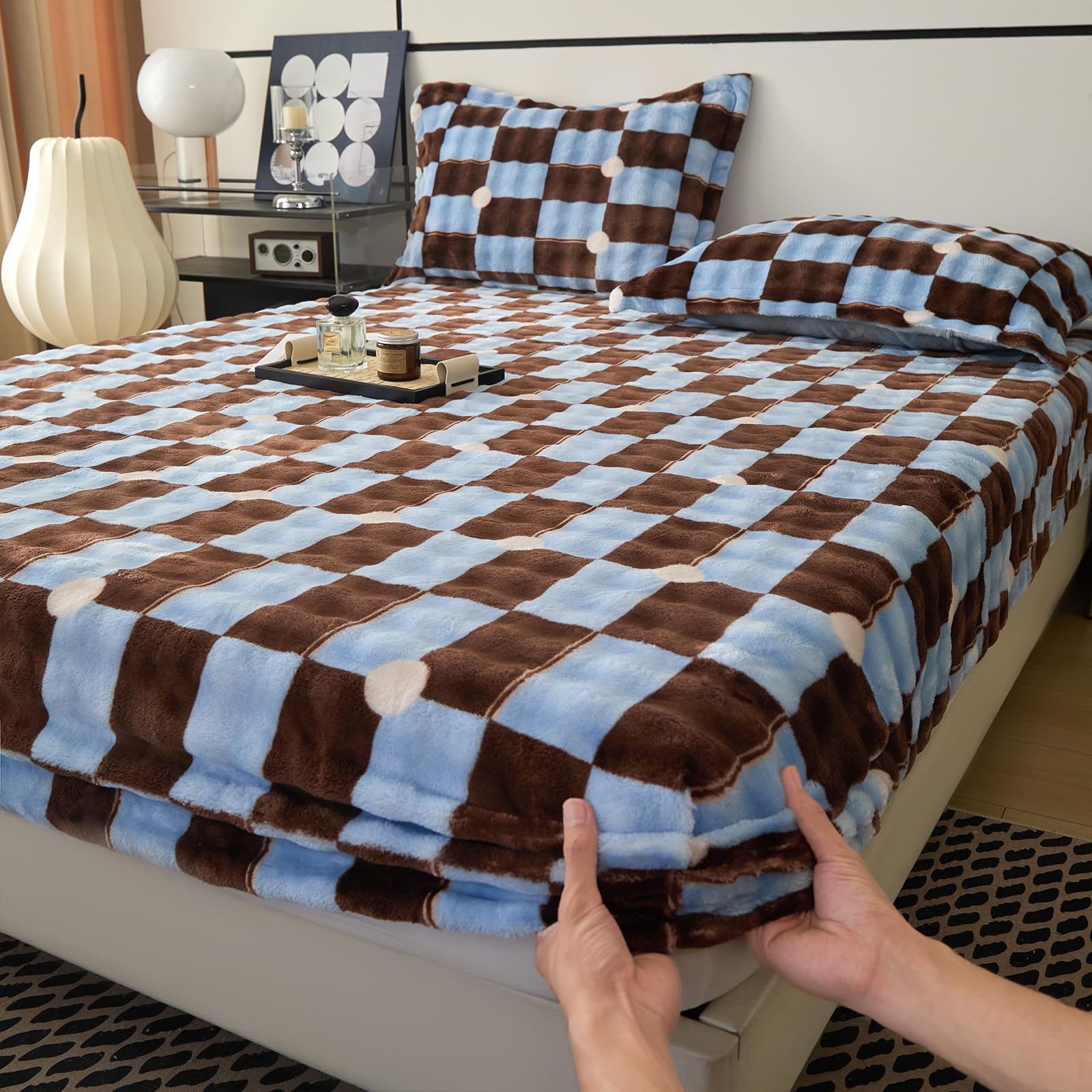 Twin Size Bed Sheet, Luxury Soft Cozy Twin Fitted Sheet with 2 PCS Pillowcases, Velvet Sheets Fits 15 inches Deep Pocket Mattress (Brown and Blue Plaid)