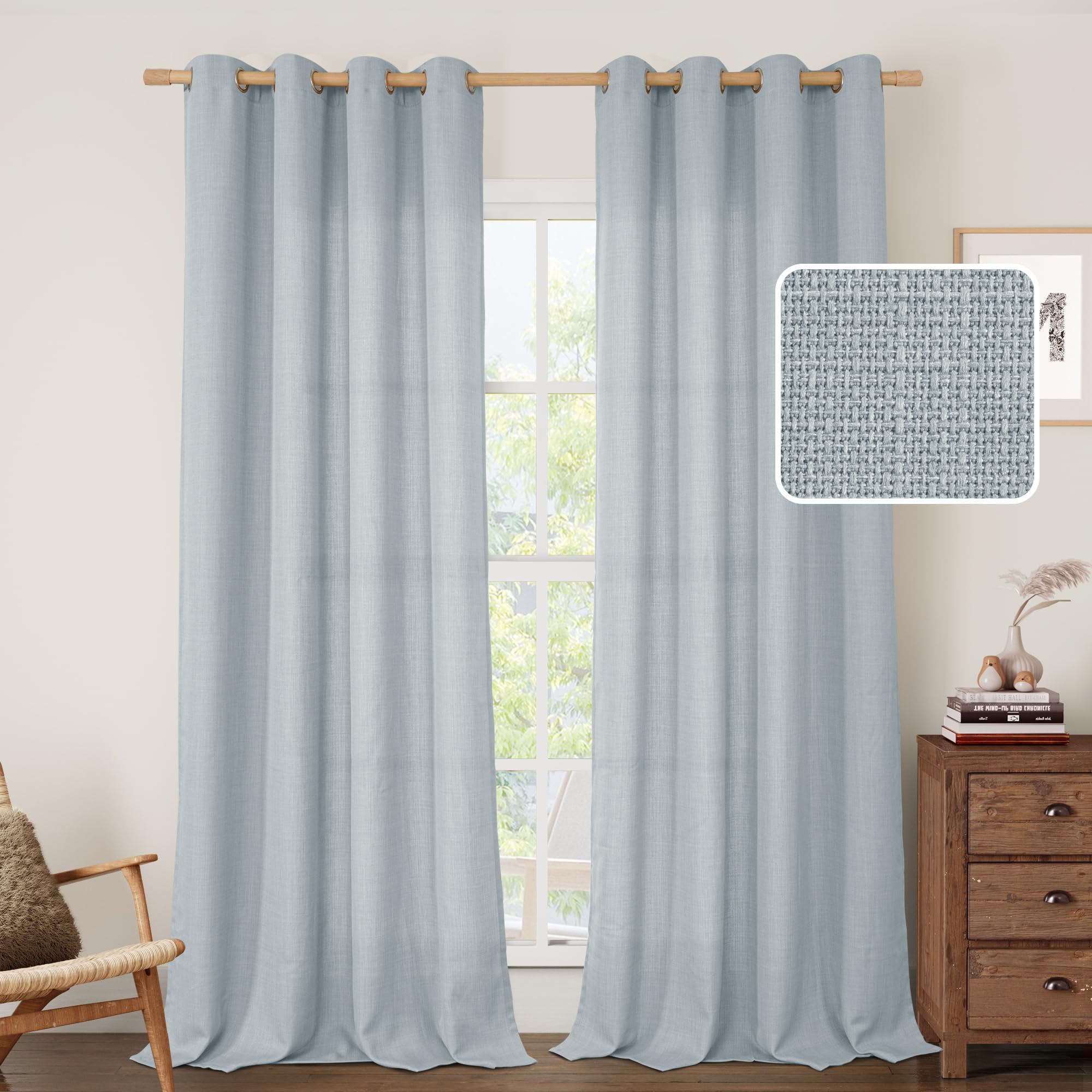 LAMIT Natural Ivory Linen Semi Sheer Curtains 84 inch Length, Cream Light Filtering Soft Thick Neutral Living Room Drapes with Bronze Grommet for Bedroom/Farmhouse, 2 Panels, 52 x 84 Inch