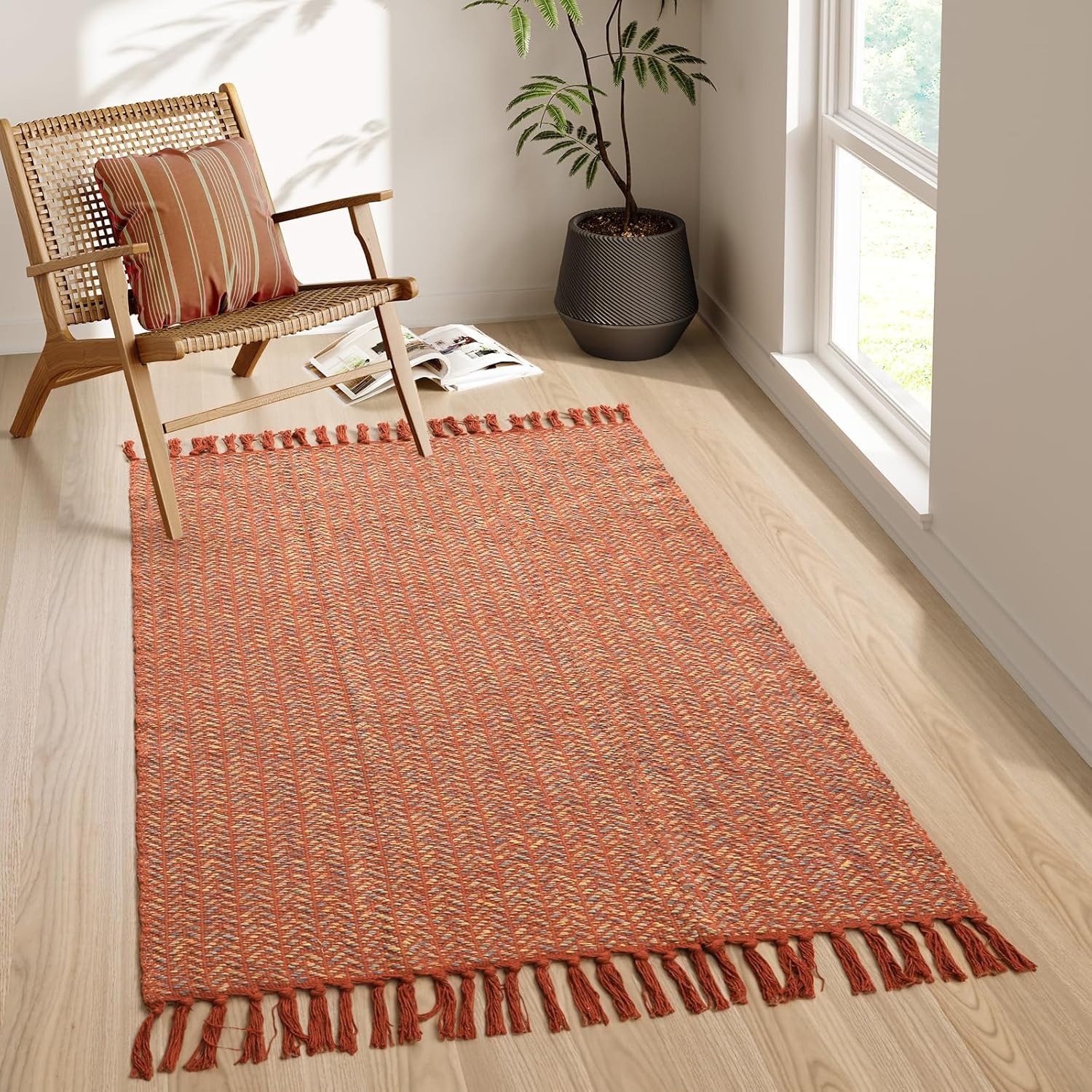 Lahome Belle Boho Hallway Runner Rug, 2x6 Laundry Room Lightweight Entry Woven Cotton Throw Mat with Tassels, Farmhouse Non Shedding Washable Black Low Pile Runner for Kitchen Bathroom