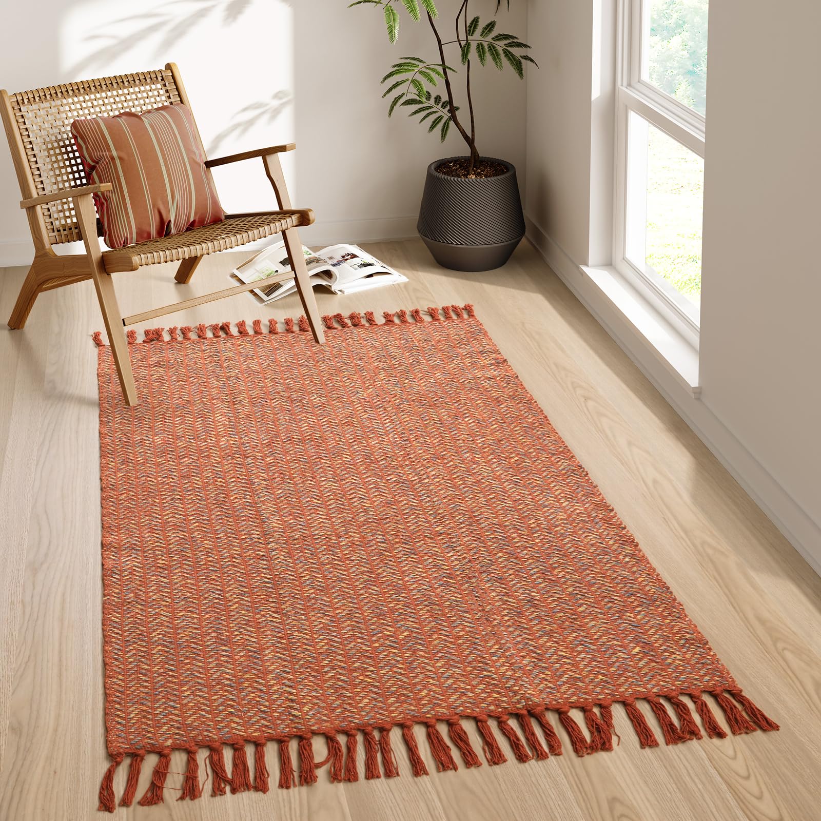 Lahome Belle Boho Rugs for Bedroom, 3x5 Bathroom Rug Lightweight Farmhouse Woven Area Rug with Tassels, Throw Rugs Washable Kitchen Rug Non Shedding Indoor Door Mats for Entryway Living Room, Khaki