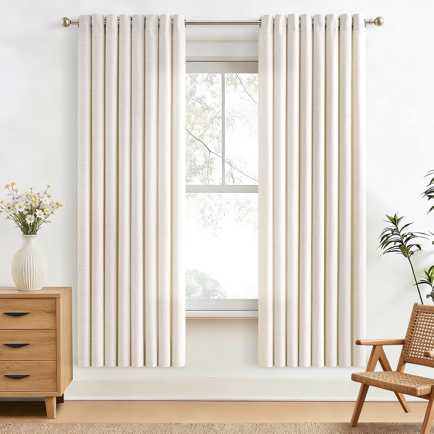 Natural Linen Curtains 96 Inches Long 2 Panels Bronze Grommet Curtain Burlap Ivory Cream Colored Light Filtering Semi Sheer Drapes Thick Linen Blend Floor to Ceiling Length Living Room 8ft