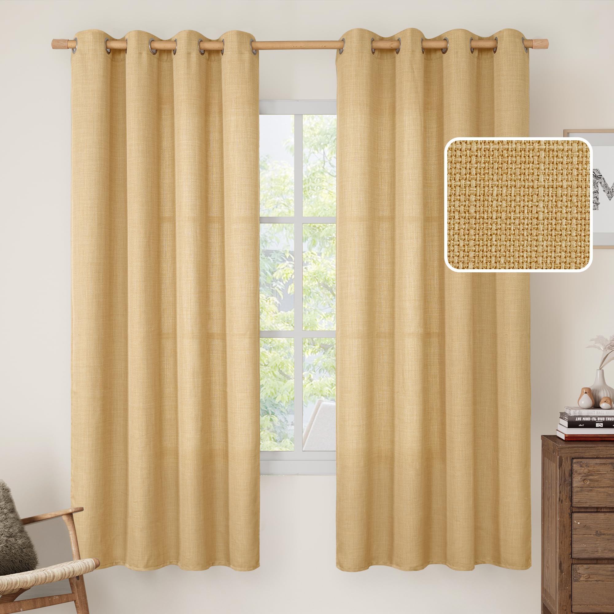 LAMIT Natural Ivory Linen Semi Sheer Curtains 84 inch Length, Cream Light Filtering Soft Thick Neutral Living Room Drapes with Bronze Grommet for Bedroom/Farmhouse, 2 Panels, 52 x 84 Inch