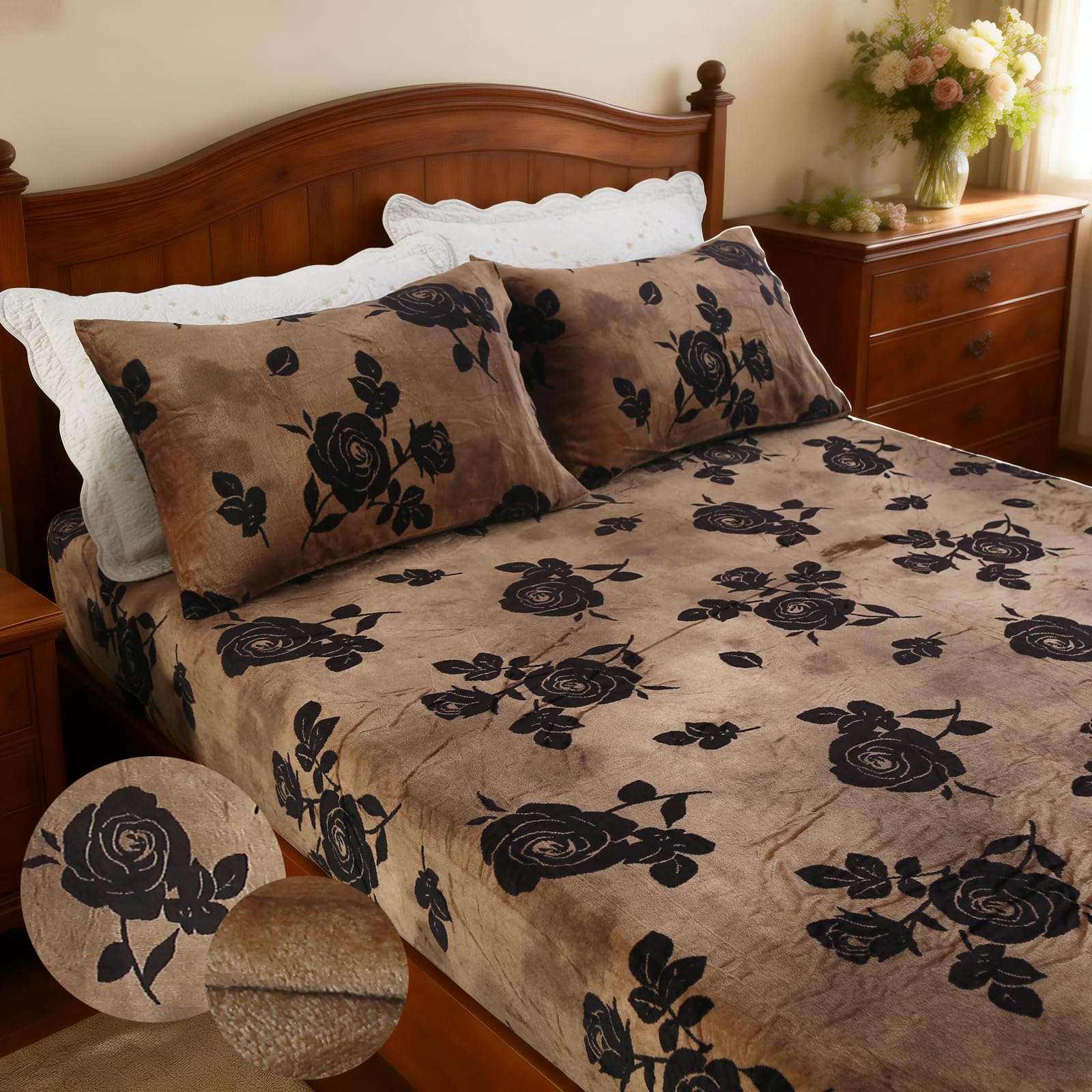 MAG 3Pcs Fleece Fitted Sheet Full Size with Brown Floral Pattern, Super Cute Fluffy Warm Flower Print Decor Bottom Sheets for Women Girls,included1*Fitted Sheet and 2*Pillowcases.